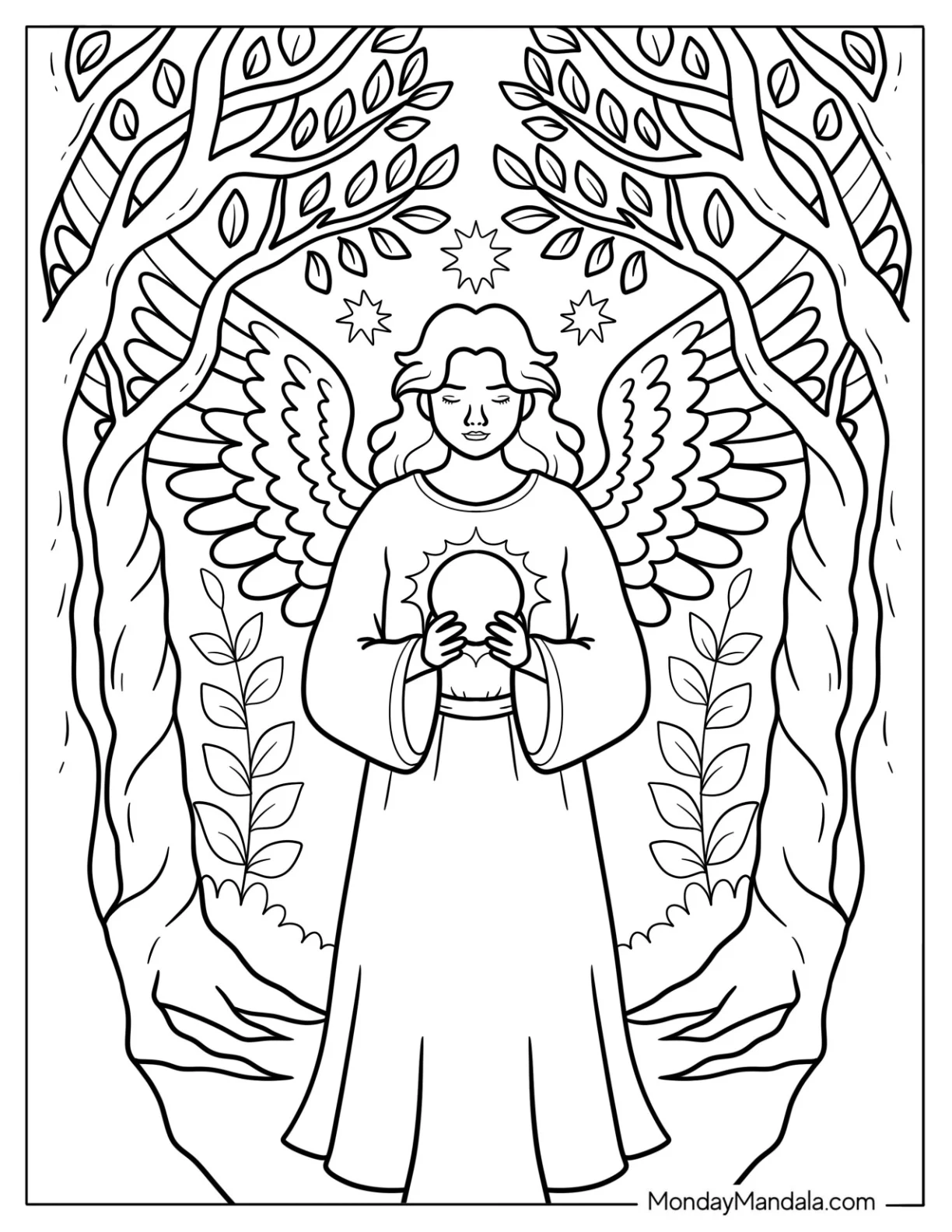 Heavenly Angel With Wings And Glowing Light In Sacred Grove coloring page — printable line art