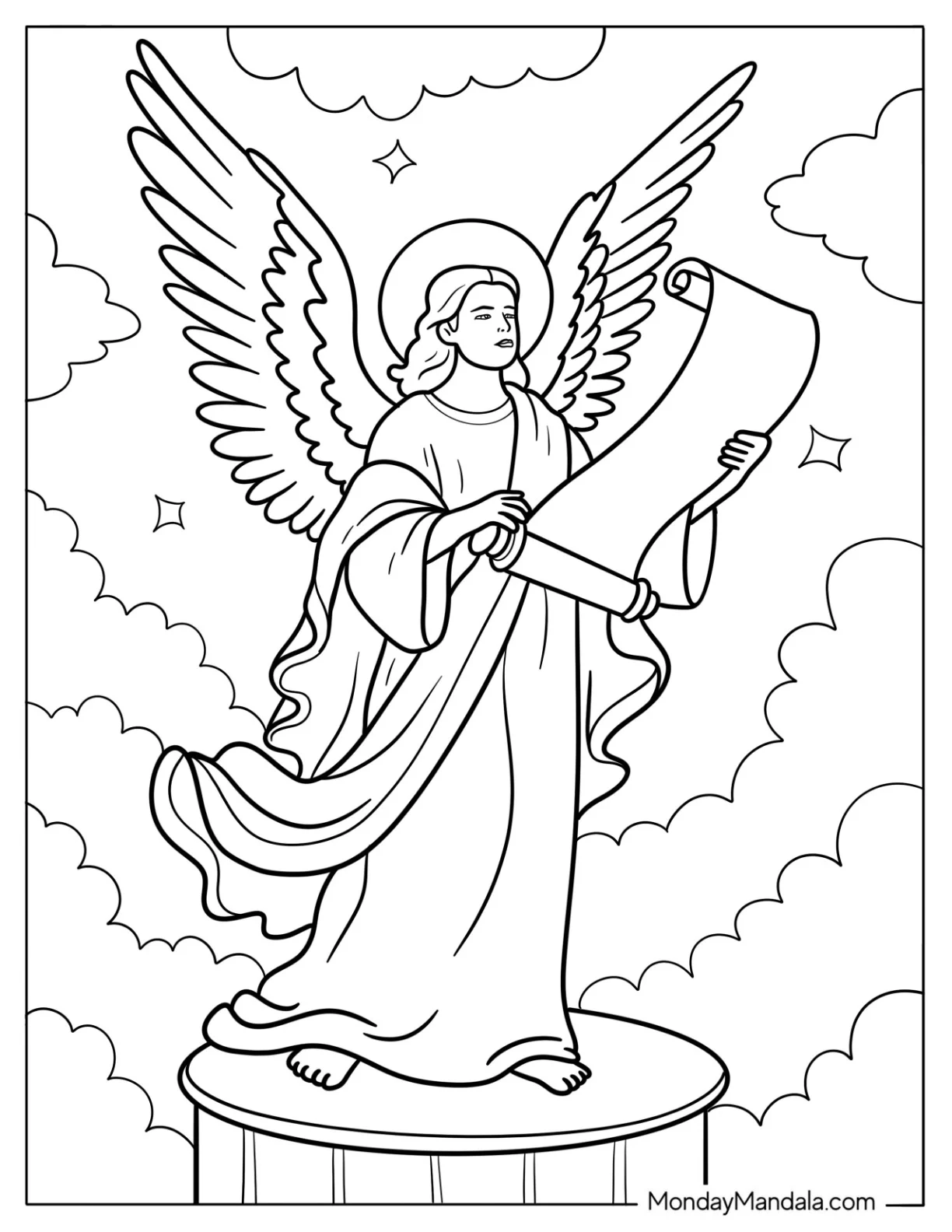 Majestic Angel Standing On Pedestal With Scroll And Stars coloring page — printable line art