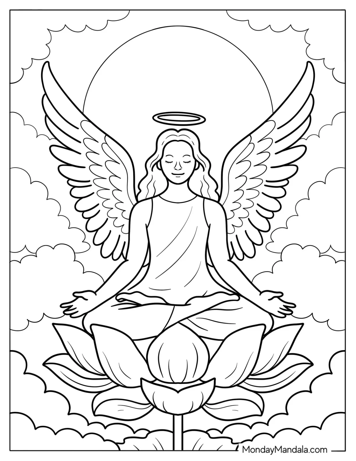 Peaceful Angel With Halo And Wings Meditating On Lotus Flower Coloring Page coloring page — printable line art
