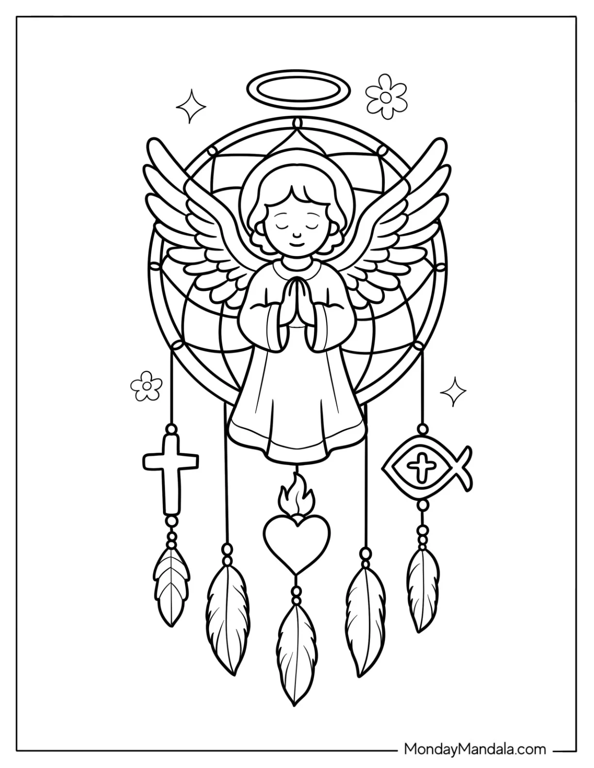 Praying Angel Inside Dreamcatcher With Cross And Faith Symbols coloring page