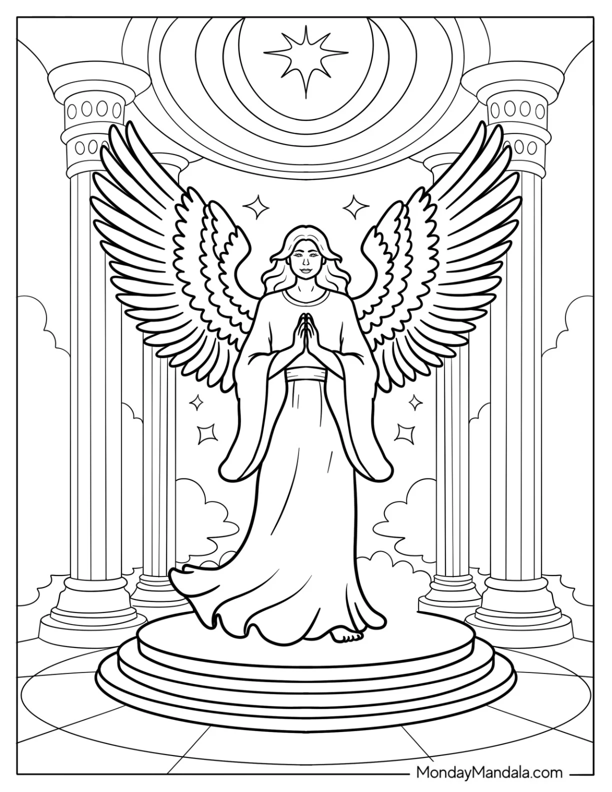 Praying Angel Standing On Heavenly Altar With Tall Pillars coloring page — printable line art