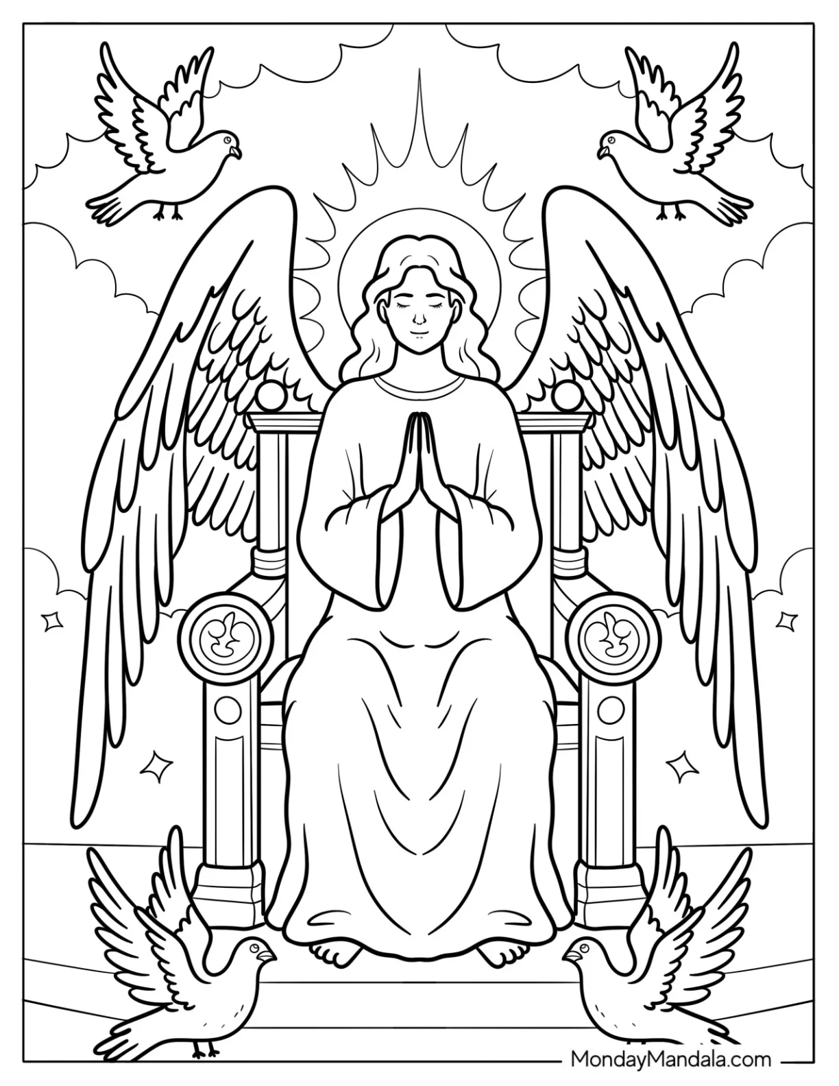 Praying Angel With Wings And Halo Seated On Ornate Chair Coloring Sheet coloring page — printable line art