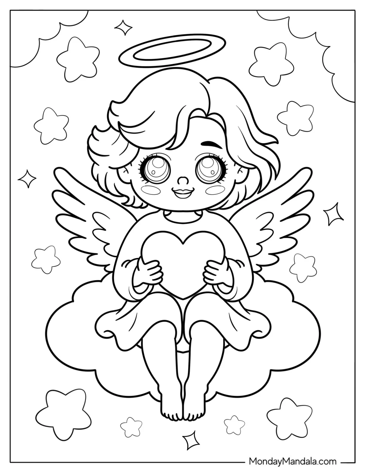 Pretty Angel Holding Heart While Sitting On Cloud Coloring Page for Kids coloring page — printable line art