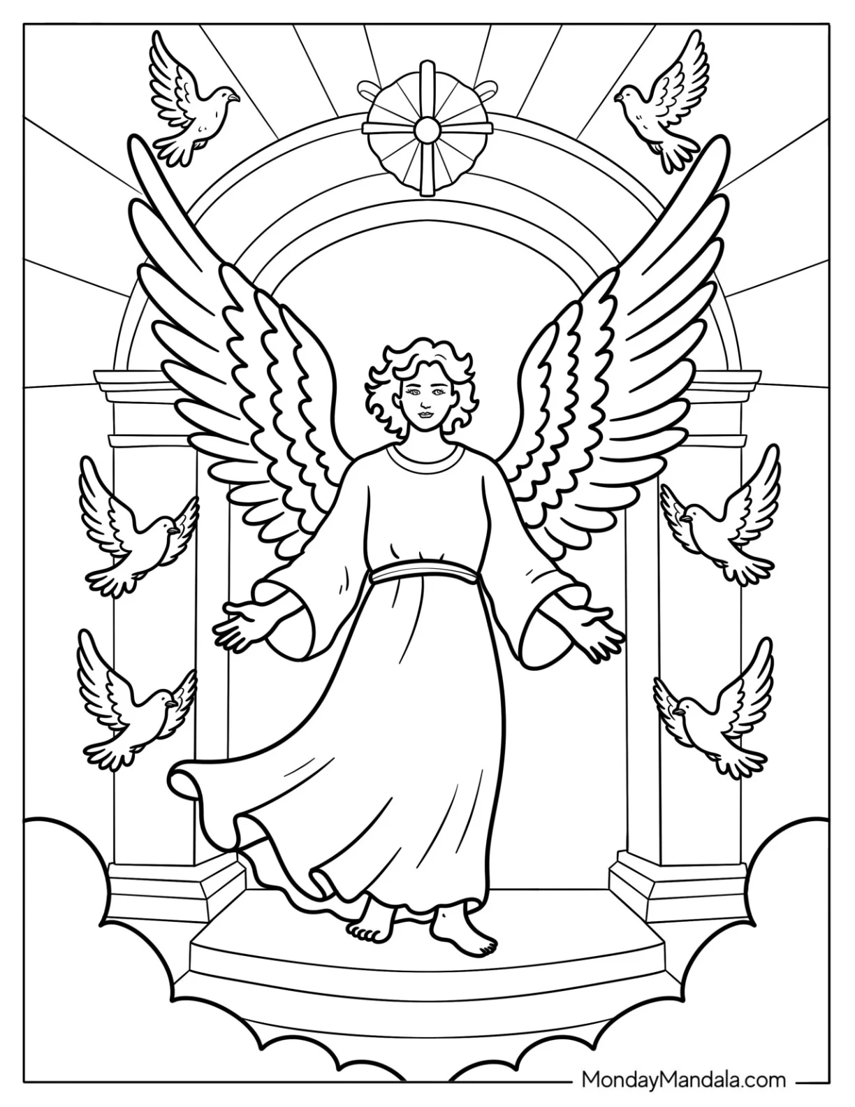 Radiant Angel With Wings And Doves Beneath Celestial Arch coloring page — printable line art