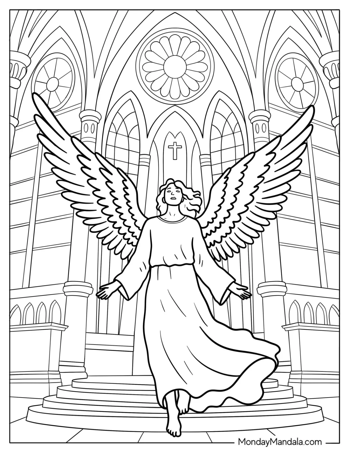 Realistic Angel With Large Wings Inside A Cathedral Coloring Sheet coloring page — printable line art