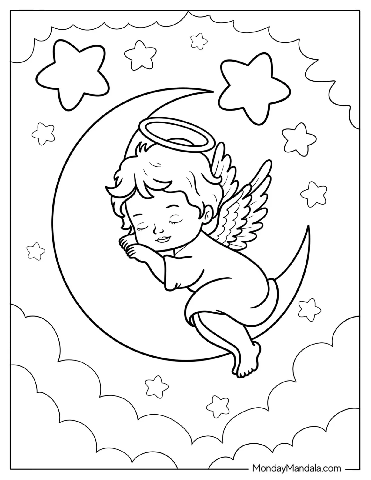 Sleeping Angel Resting On Crescent Moon With Stars And Clouds Coloring Sheet for Preschoolers coloring page