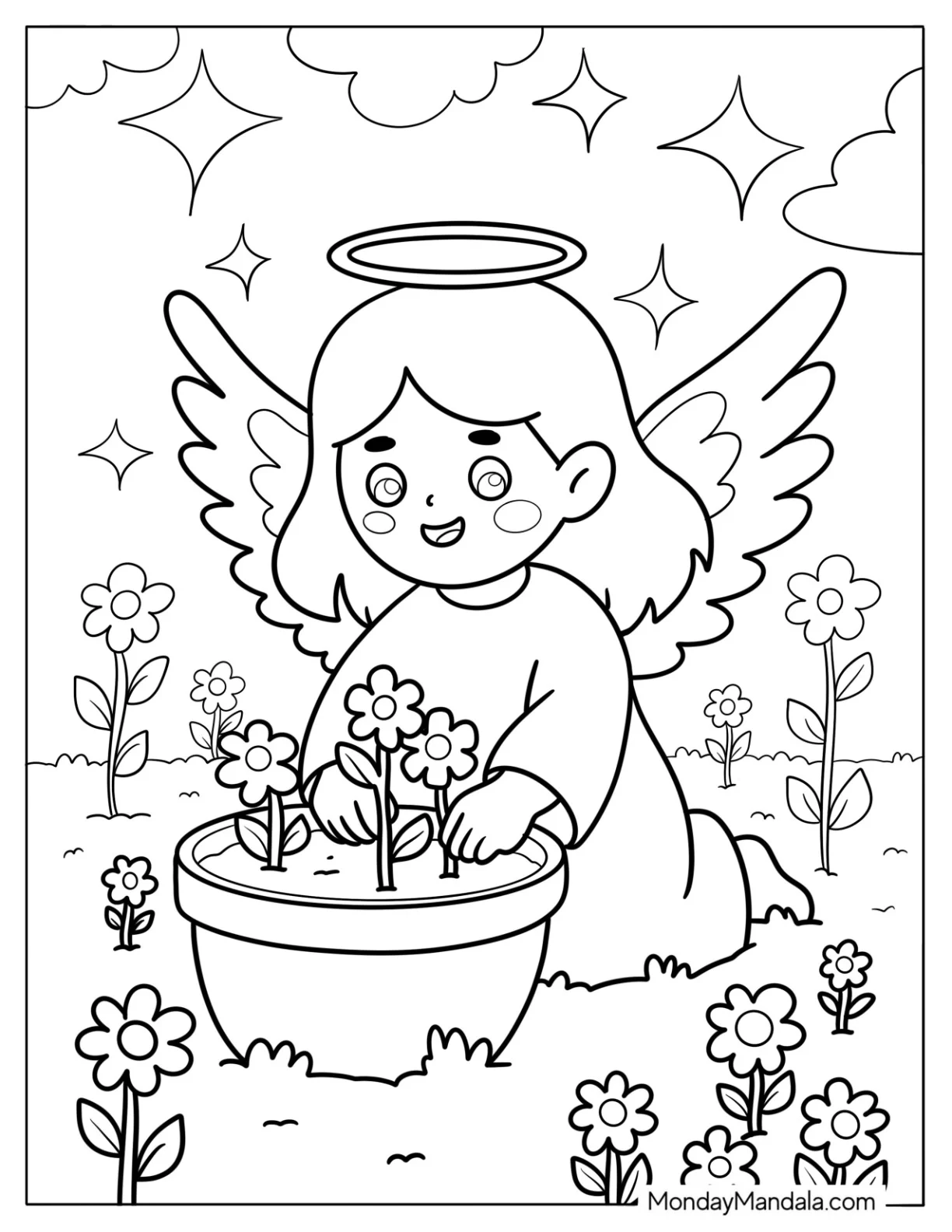 Smiling Angel With Halo Caring For Plants In Cloudy Meadow Coloring Sheet For Preschoolers coloring page — printable line art