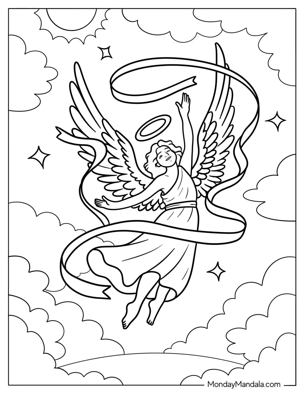 Soaring Angel With Ribbon And Halo In Sunny Sky coloring page