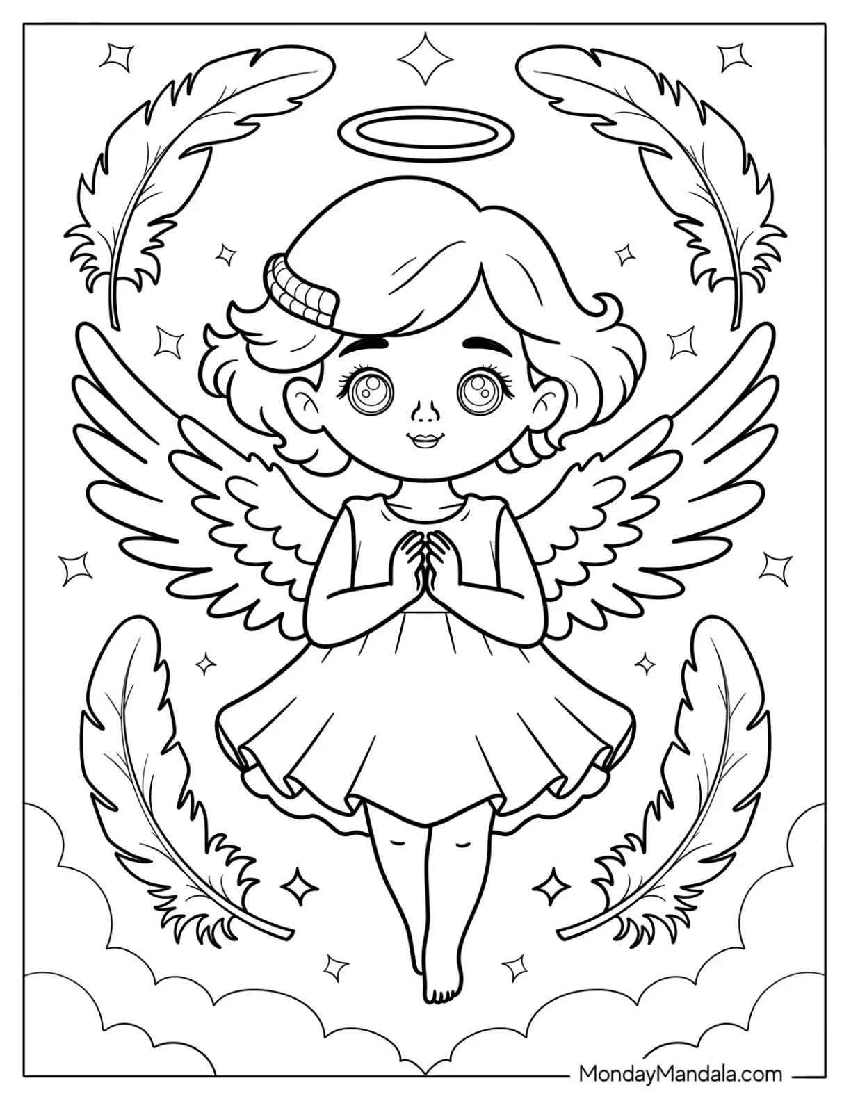 Sweet Child Angel With Wings Surrounded By Stars And Clouds Coloring Sheet For Kids coloring page — printable line art