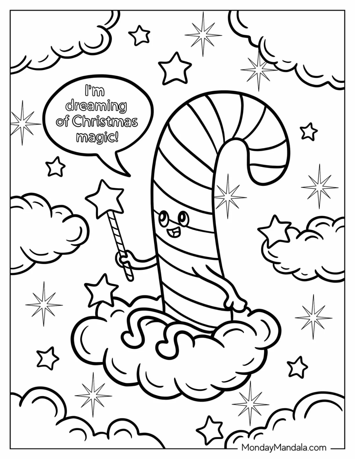 Adorable Candy Cane Coloring Page Sitting On A Cloud coloring page — printable line art