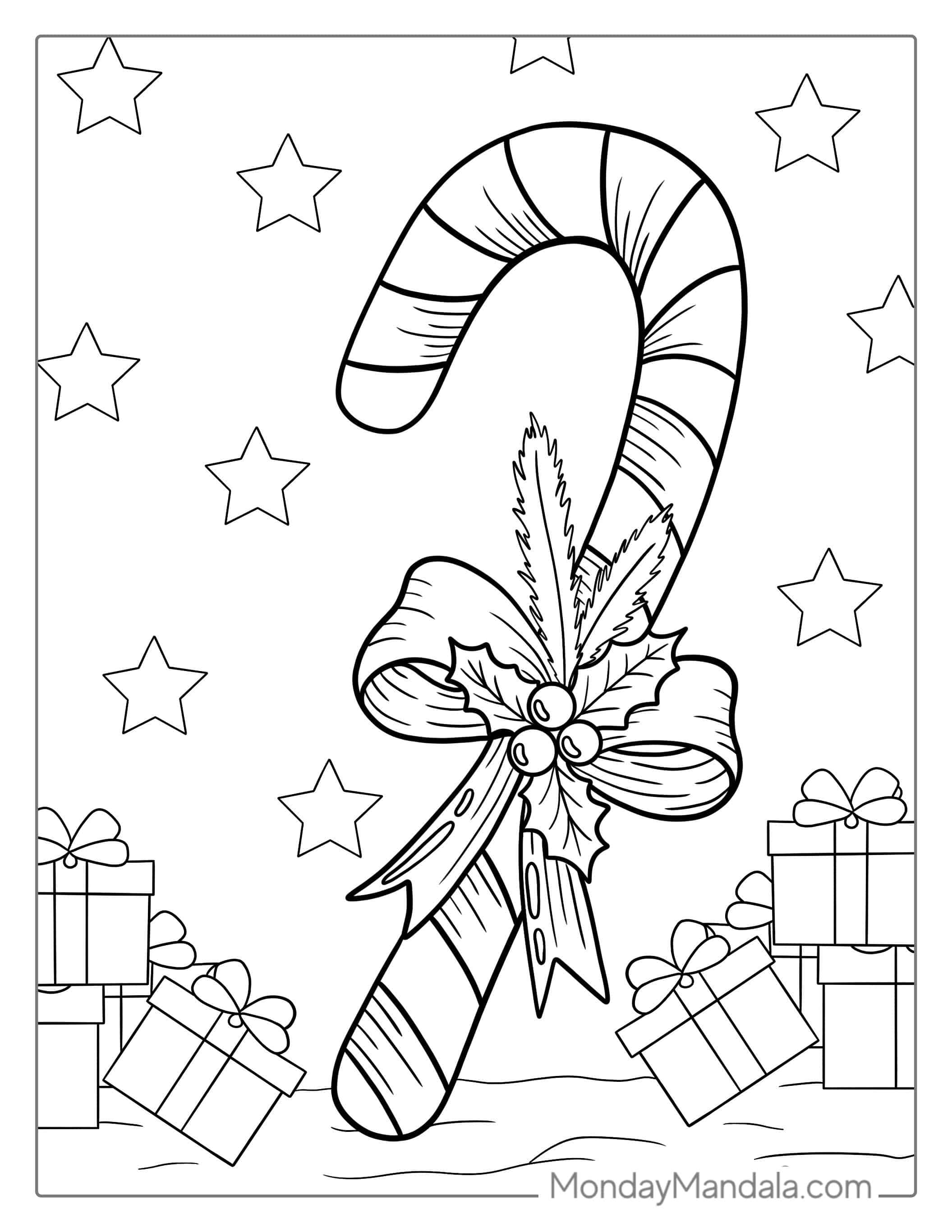 Candy Cane With Christmas Presents To Color coloring page