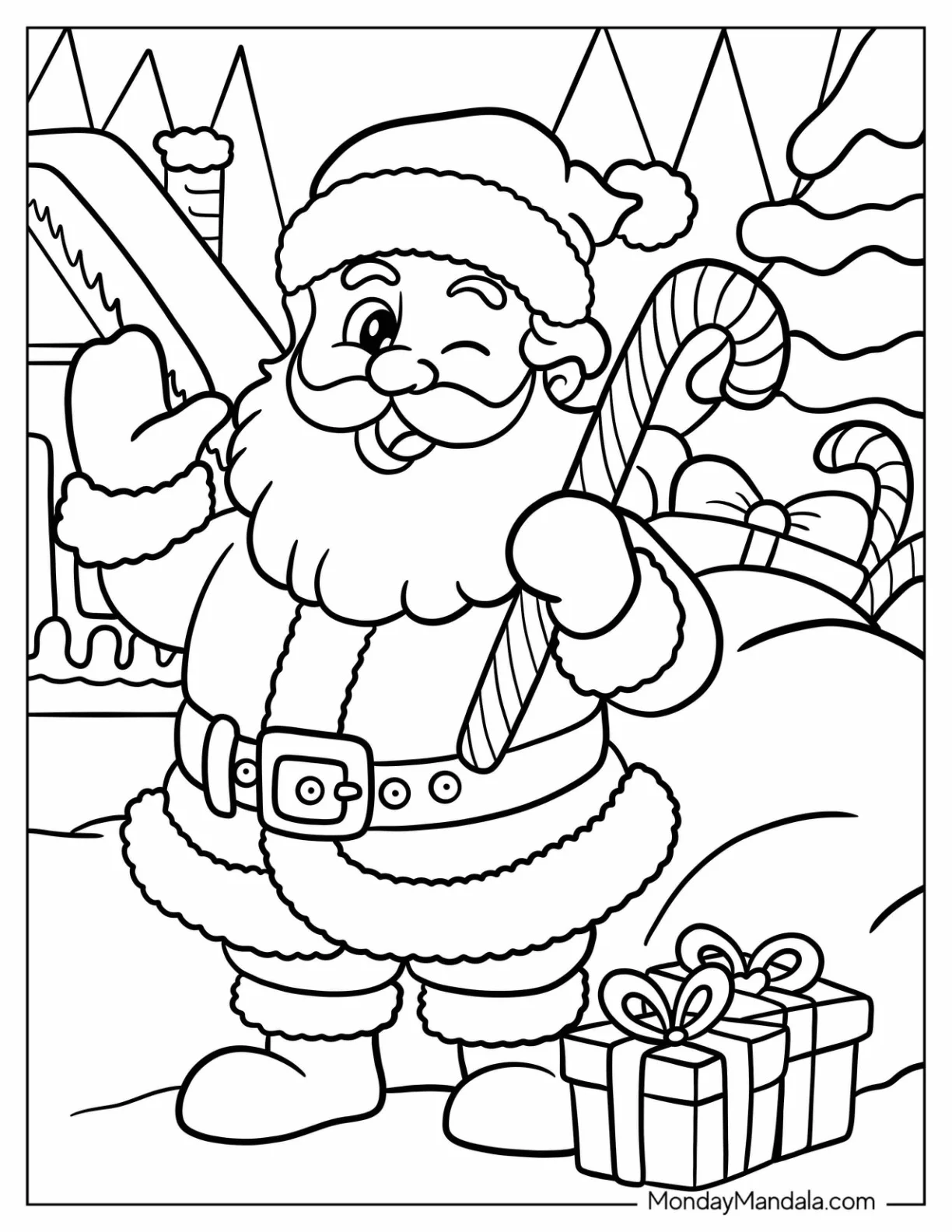 Cartoon Santa Winking While Carrying A Candy Cane Coloring Page For Kids coloring page