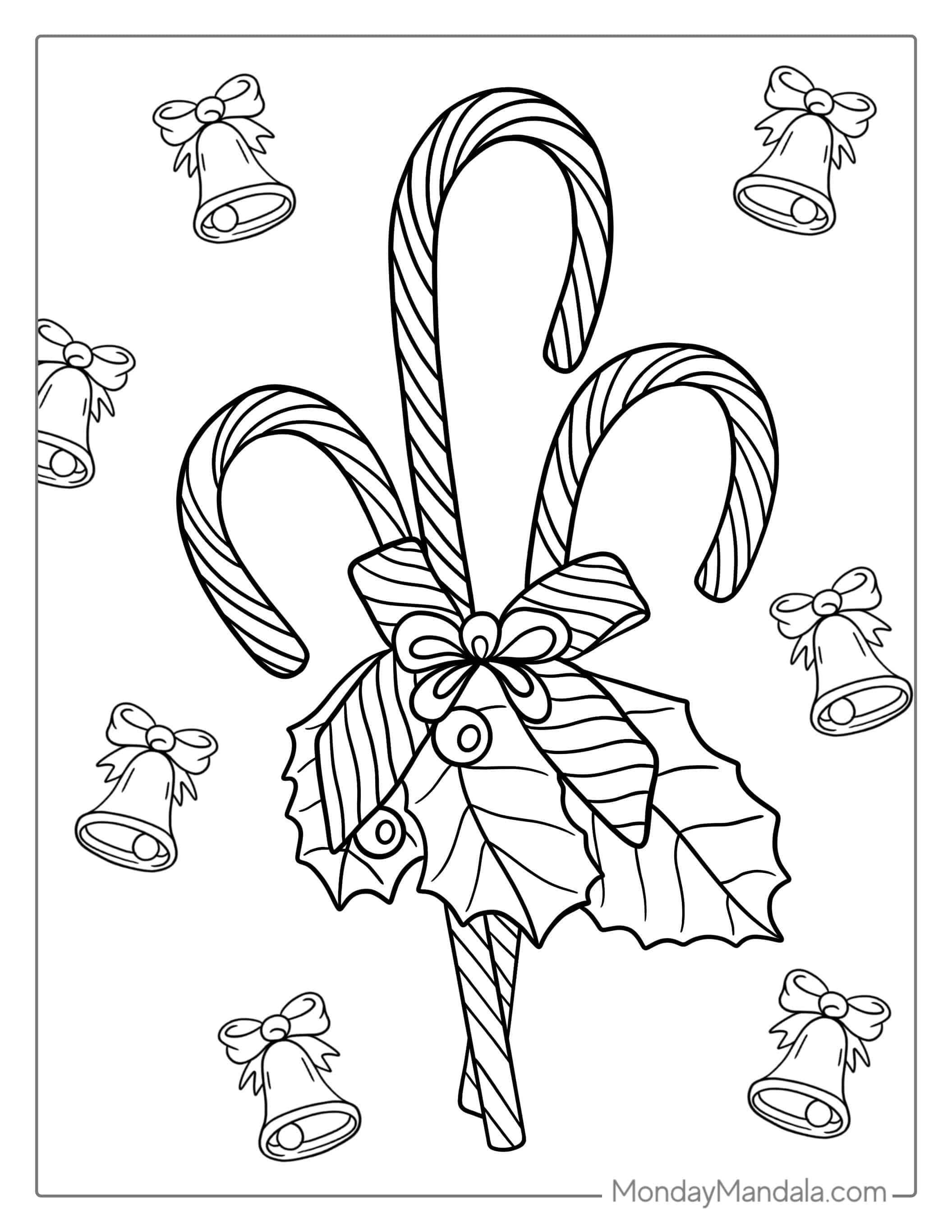 Christmas Candy Cane With Bells To Color coloring page