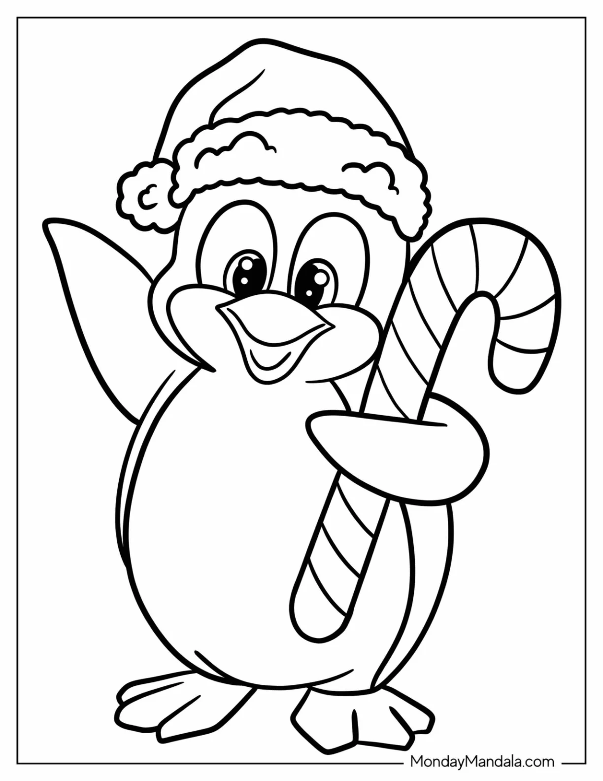 Cute Cartoon Penguin Holding A Candy Cane Coloring Page For Kids coloring page — printable line art