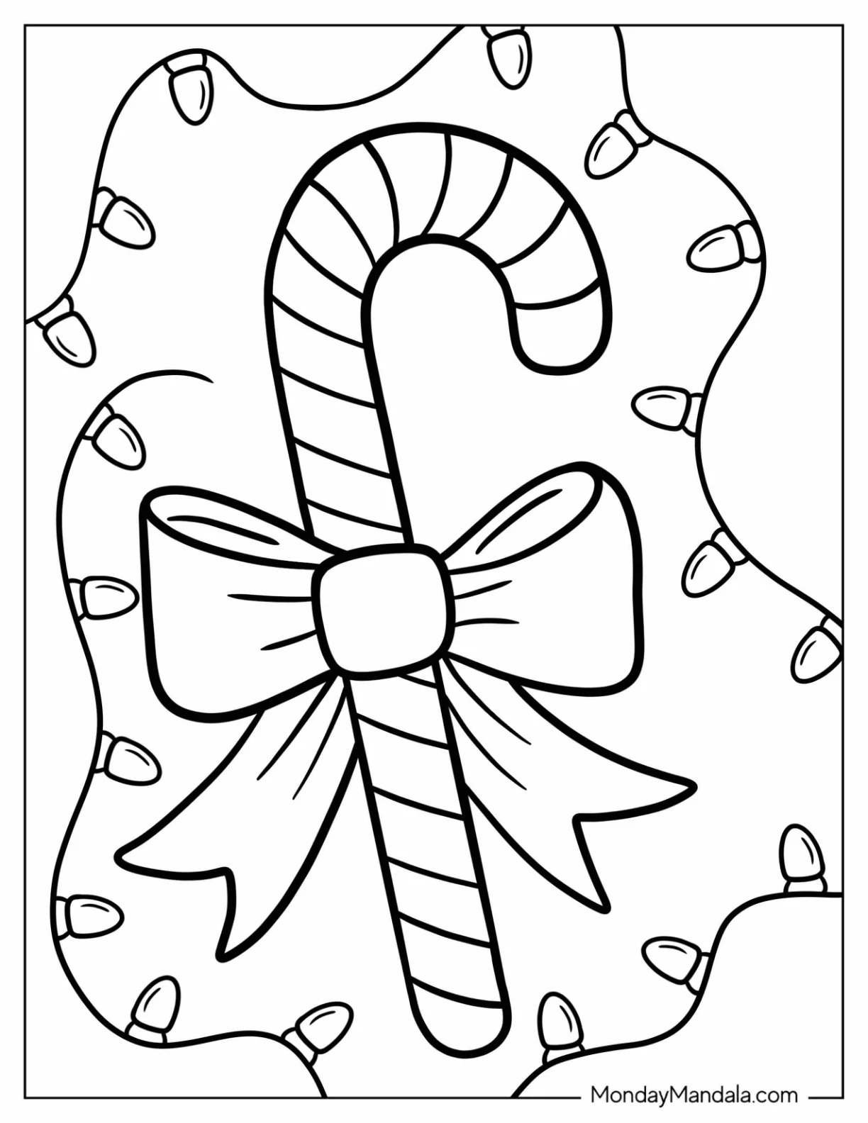 Easy Candy Cane Coloring Page Surrounded By Christmas Lights coloring page — printable line art