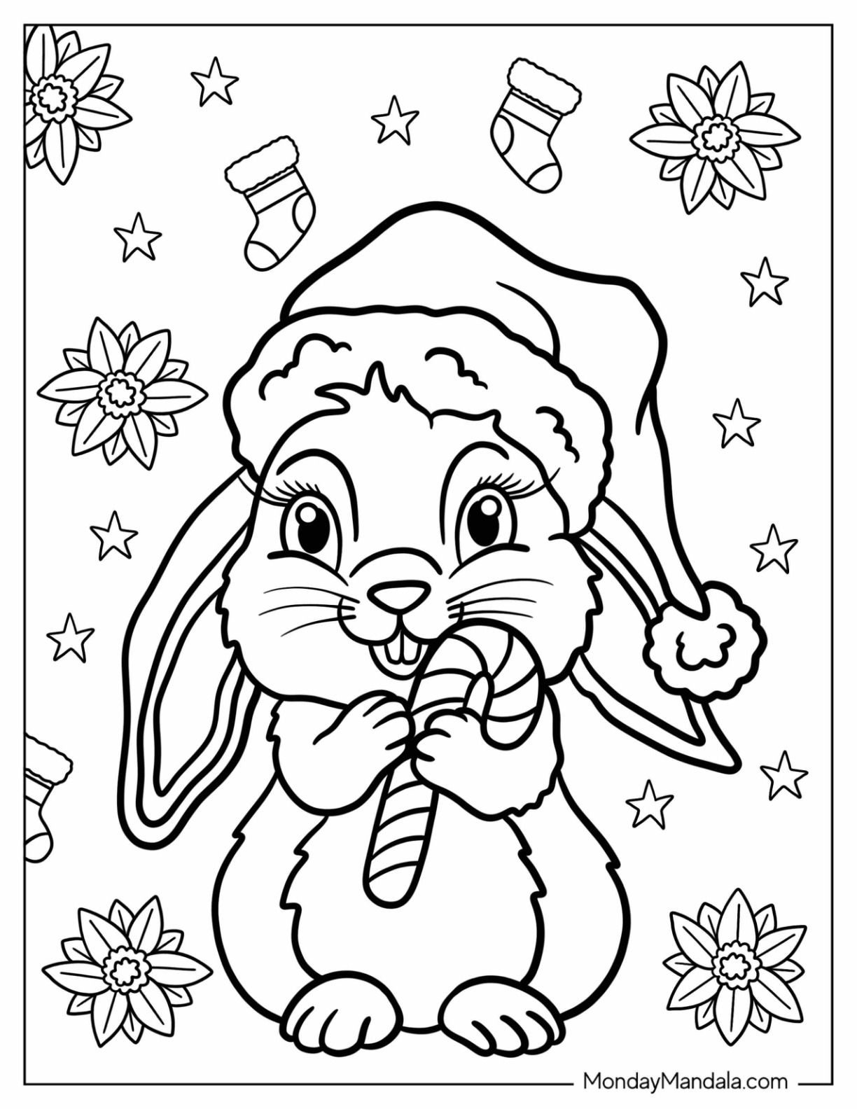 Excited Rabbit Hugging A Candy Cane Coloring Page In Winter For Kids coloring page