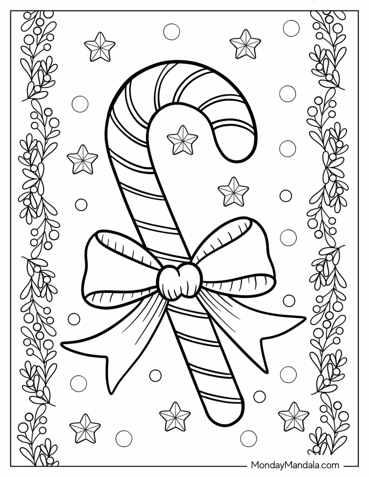 Festive Candy Cane Coloring Page With Pretty Bow coloring page