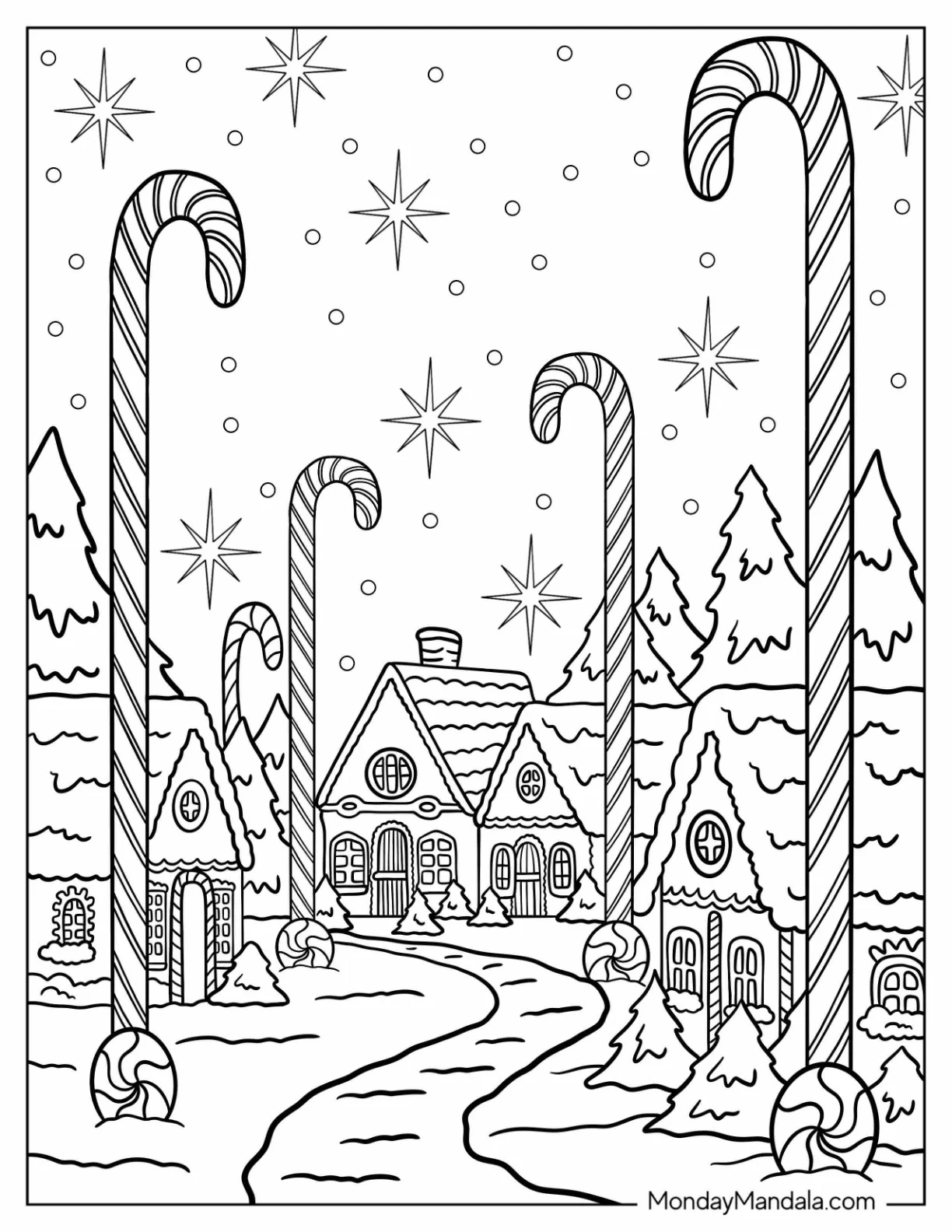 Giant Candy Cane Coloring Page In Winter Wonderland Town coloring page — printable line art