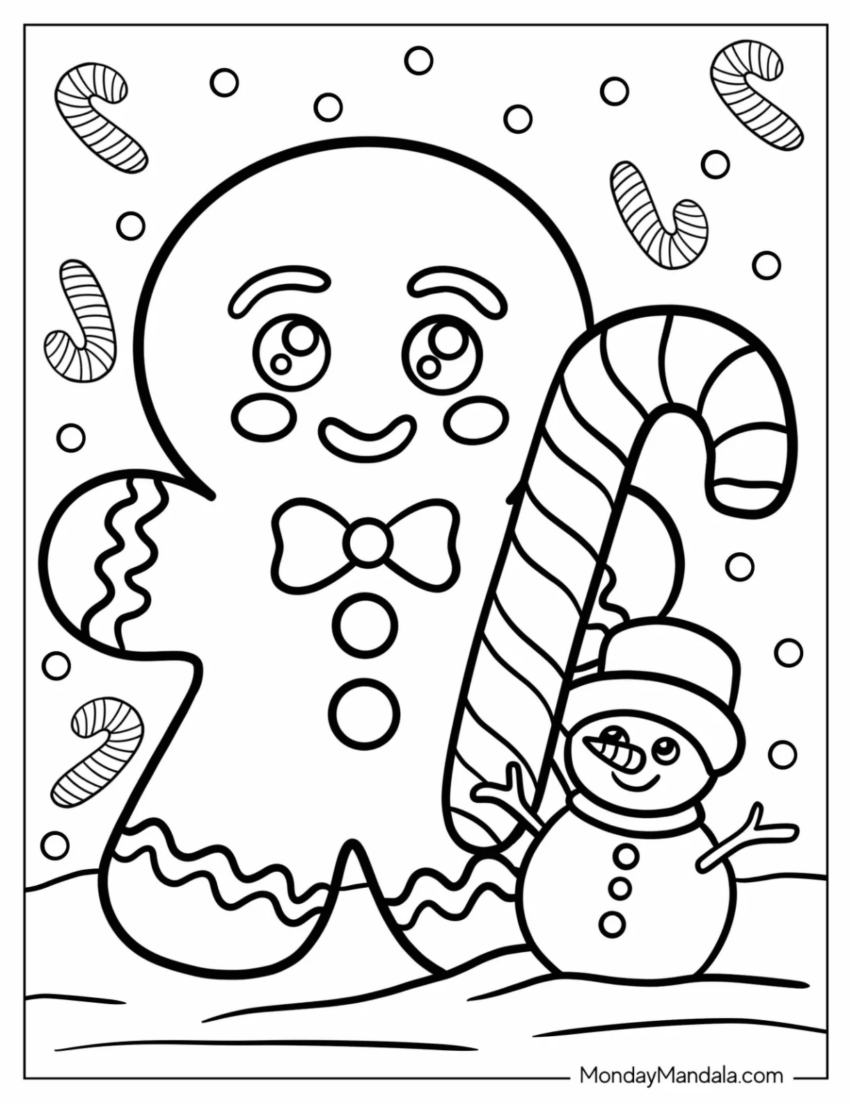 Gingerbread Man With Candy Cane Coloring Page For Preschoolers coloring page