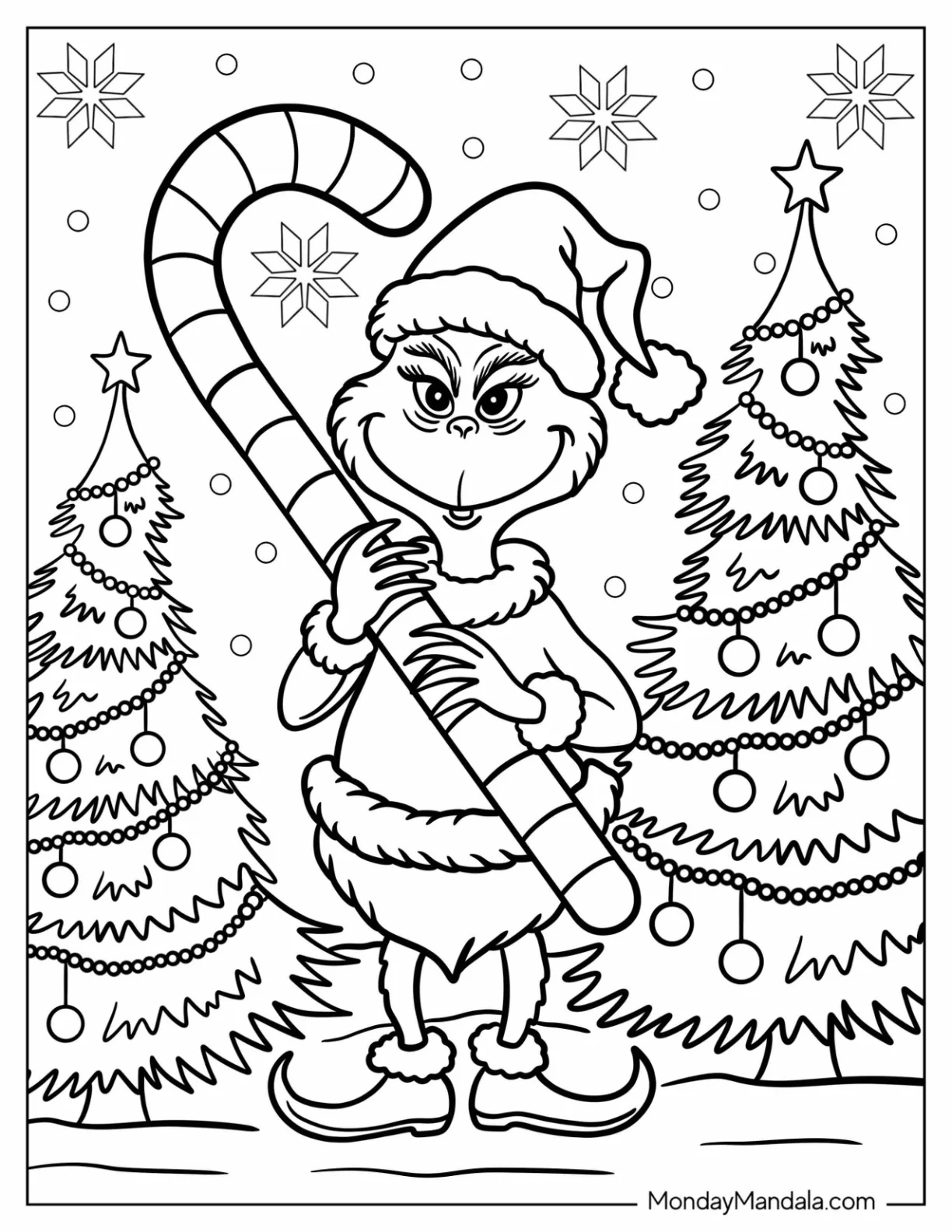 Grinch Holding A Candy Cane Coloring Page On Christmas Day coloring page