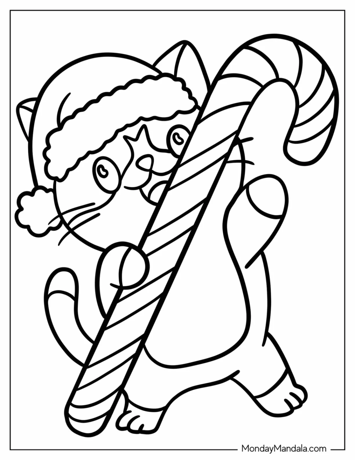 Kawaii Cat With Santa Hat Holding A Candy Cane Coloring Page For Preschoolers coloring page