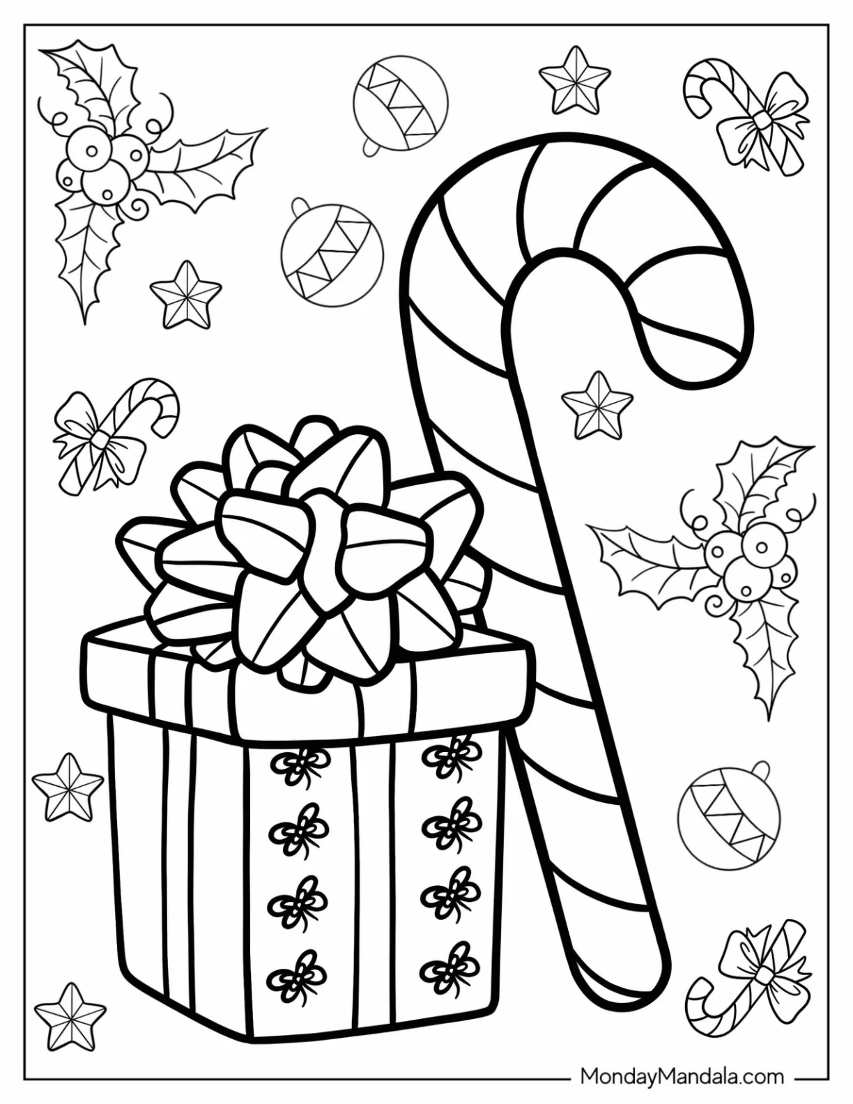 Large Candy Cane Coloring Page Beside A Christmas Present coloring page