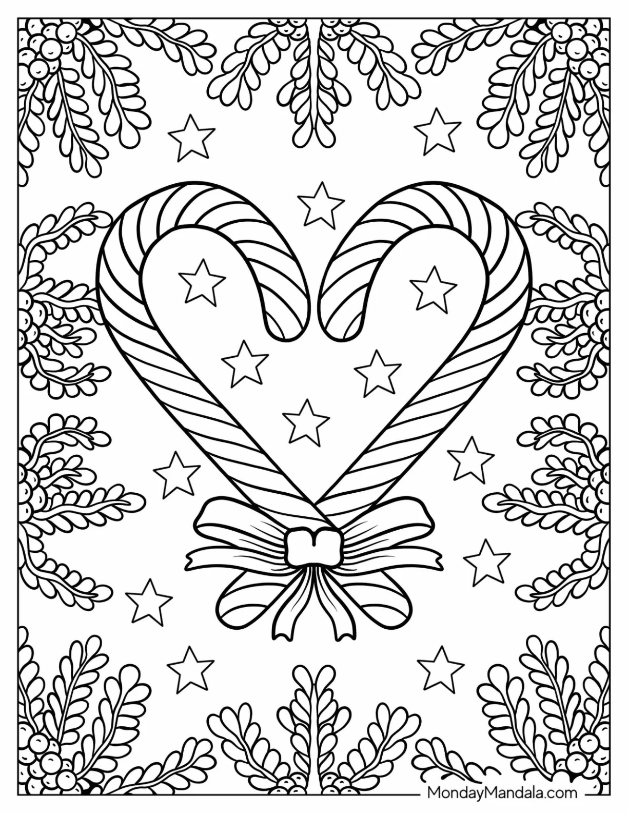 Love Heart Candy Cane Coloring Page With Laurels And Stars coloring page