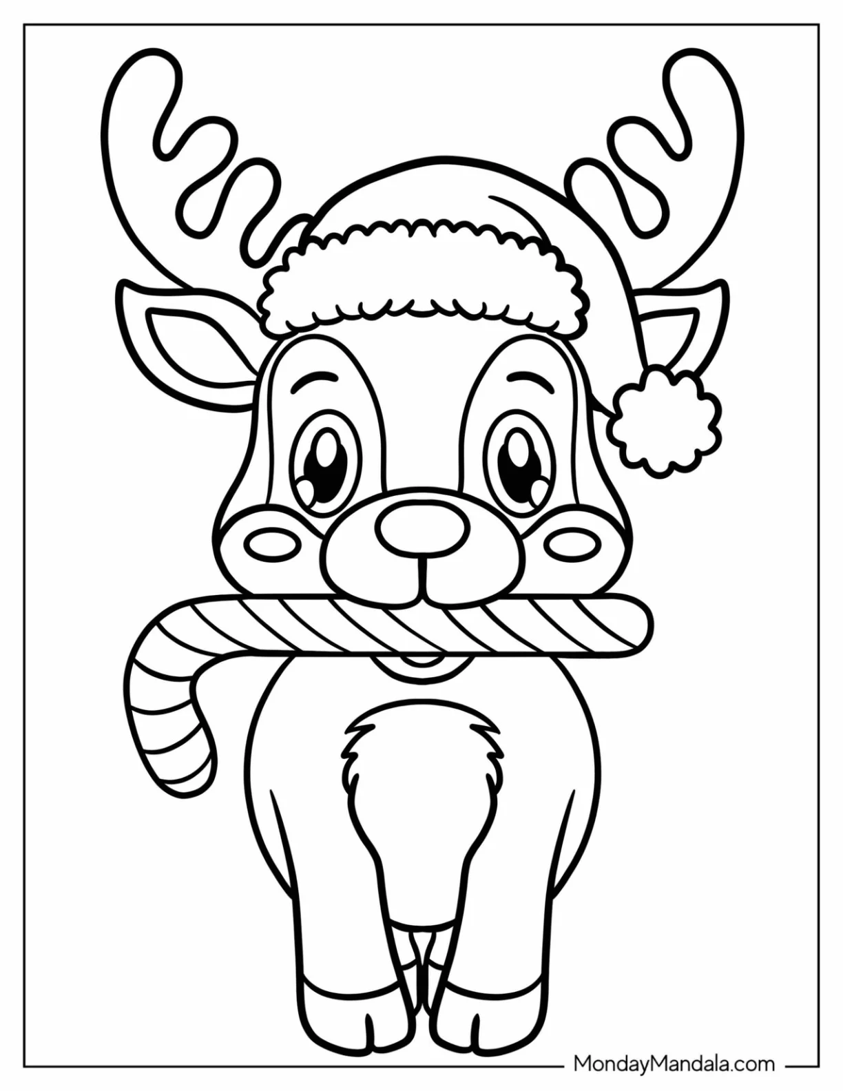 Reindeer With Santa Hat Biting A Candy Cane Coloring Page coloring page