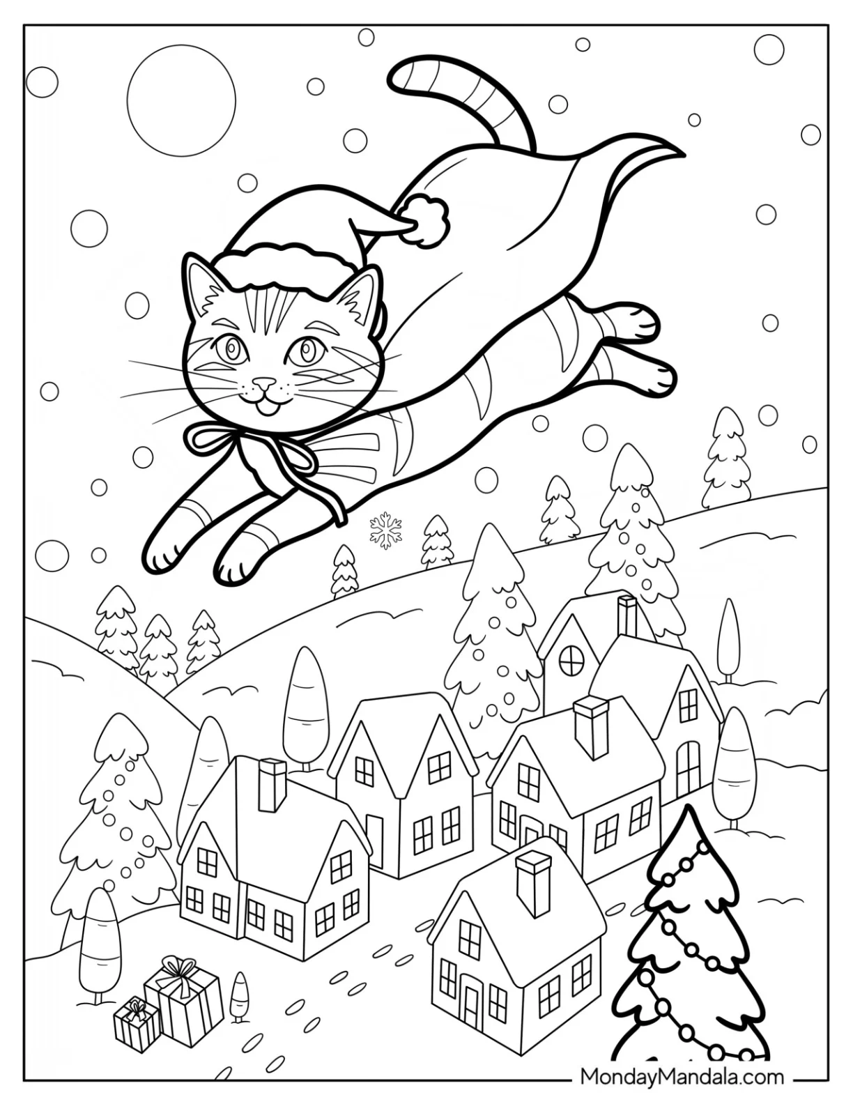 Adventurous Christmas Cat Coloring Page in Cape Flying Over Town coloring page — printable line art