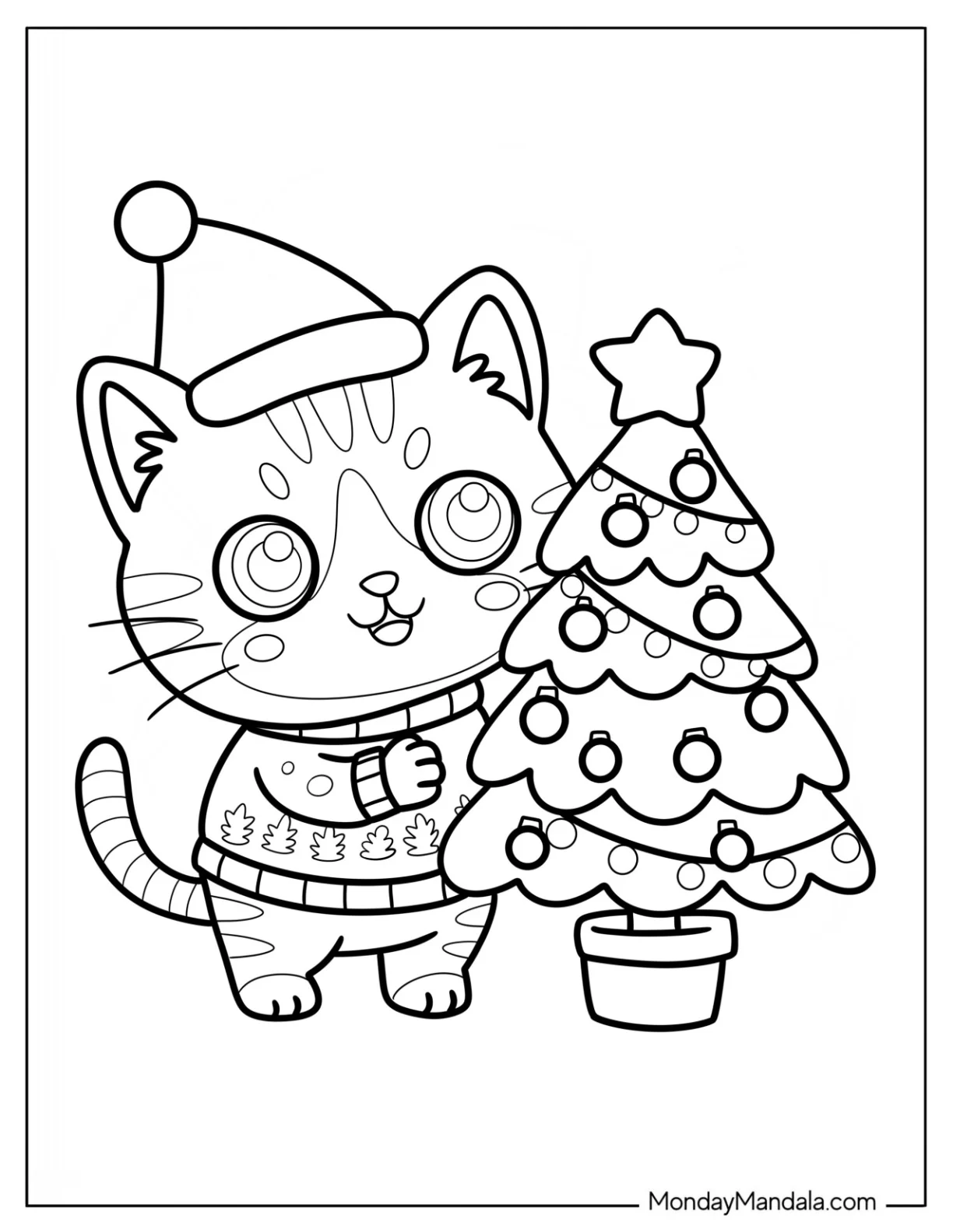 Chibi Christmas Cat Coloring Page Decorating the Tree for Preschoolers coloring page — printable line art