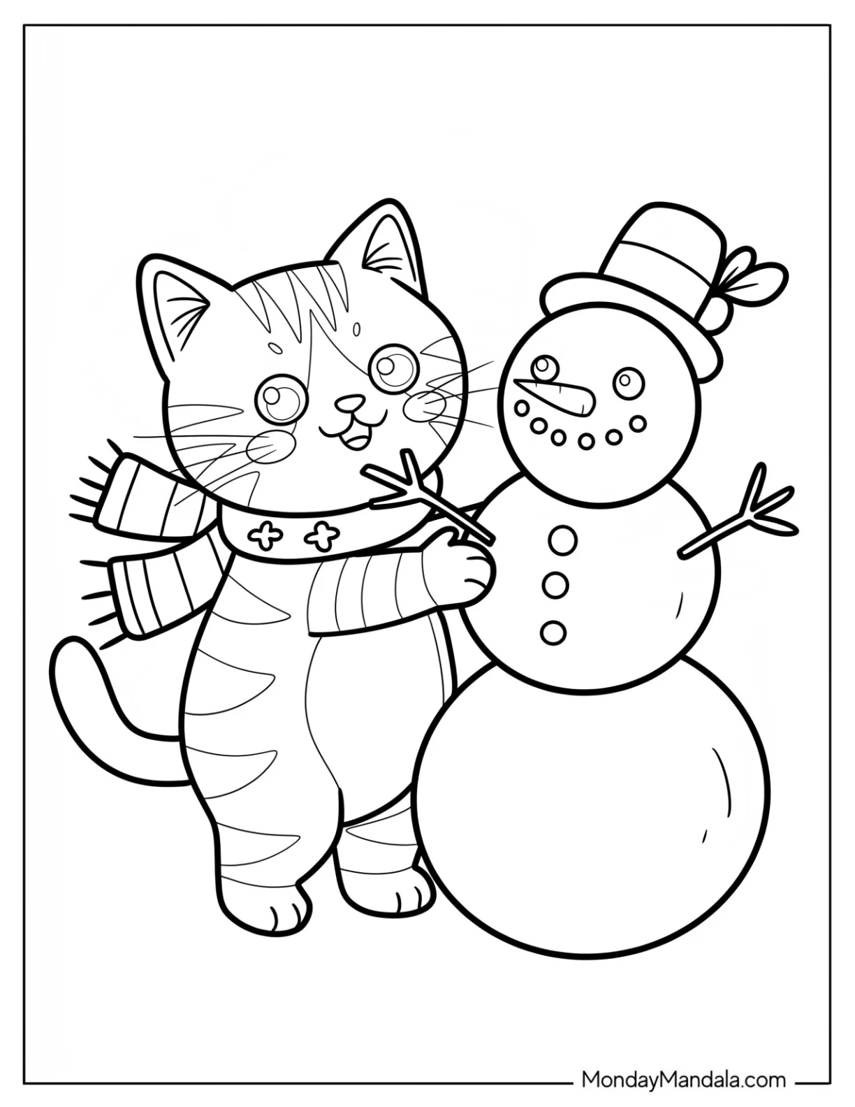 Christmas Cat Coloring Page Building a Jolly Snowman for Preschoolers coloring page