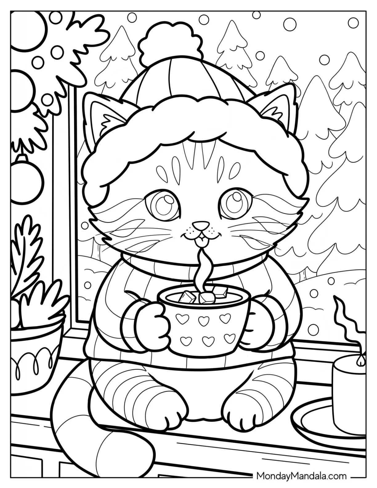 Christmas Cat Coloring Page in Cozy Sweater Sipping Hot Cocoa by the Window for Kids coloring page — printable line art