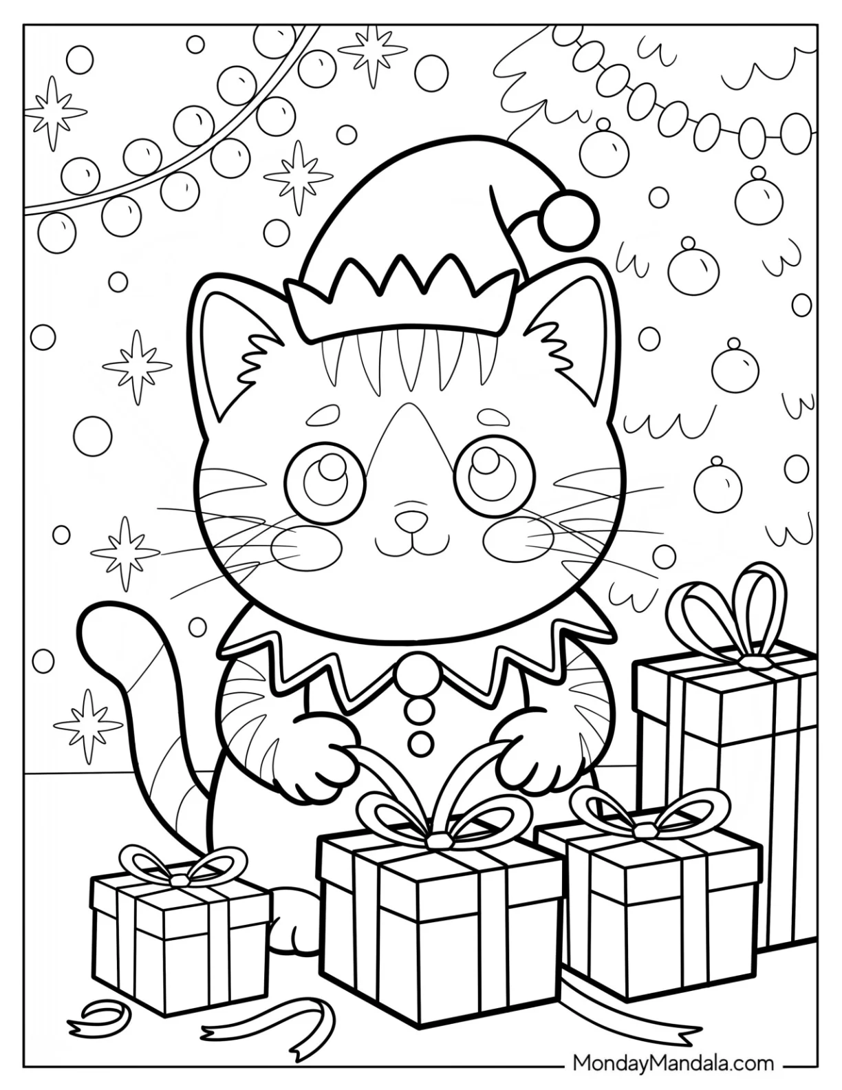 Christmas Cat Coloring Page in Elf Hat Surrounded by Holiday Gifts for Kids coloring page — printable line art