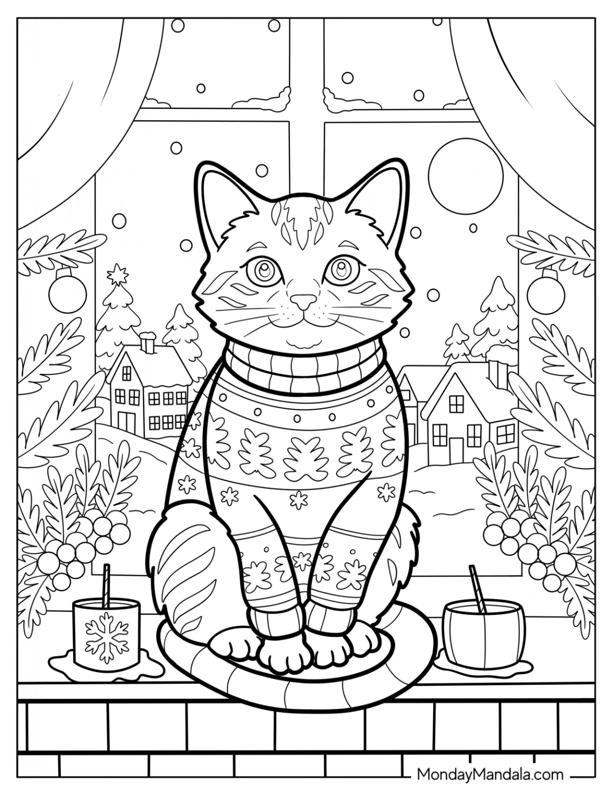 Christmas Cat Coloring Page in Holiday Sweater Sitting by Snowy Window coloring page