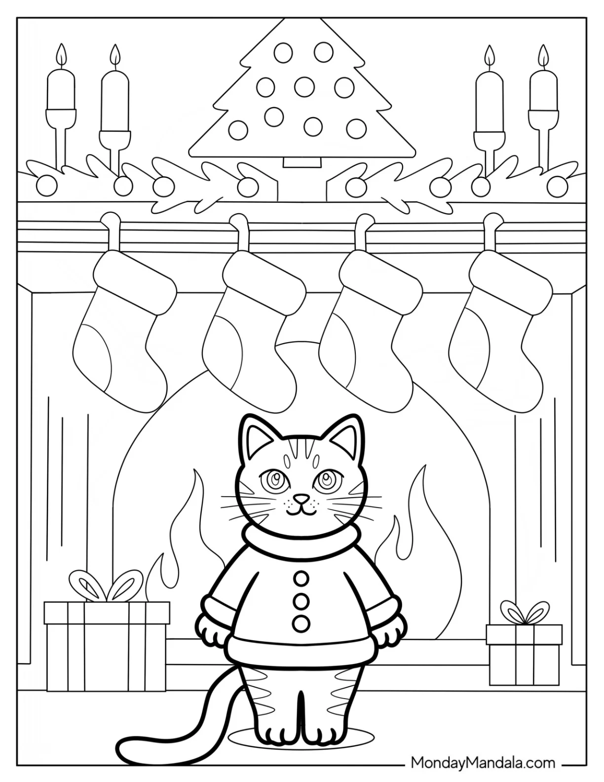 Christmas Cat Coloring Page in Sweater Standing by Fireplace with Stockings for Kids coloring page — printable line art