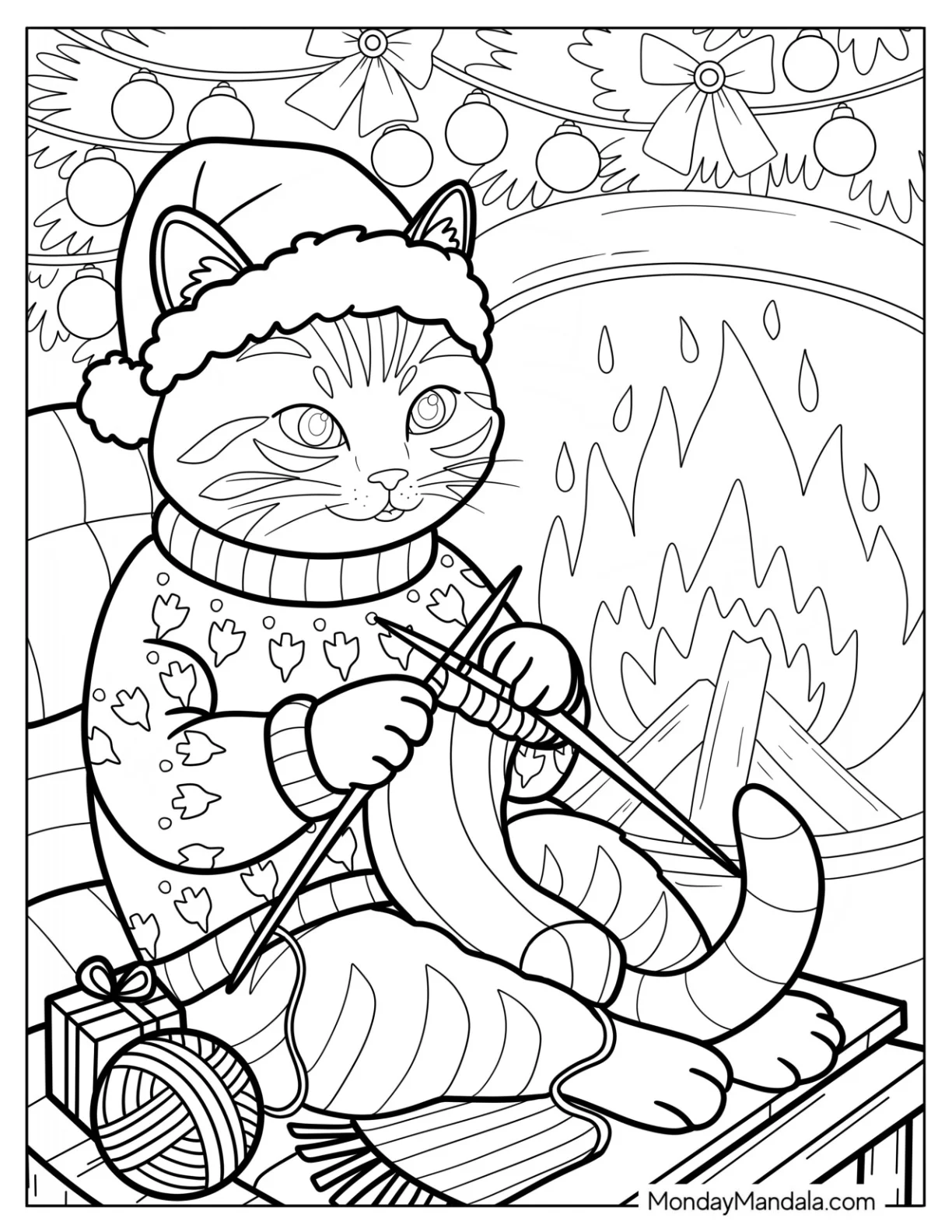 Christmas Cat Coloring Page Knitting by the Fireplace in Holiday Sweater coloring page
