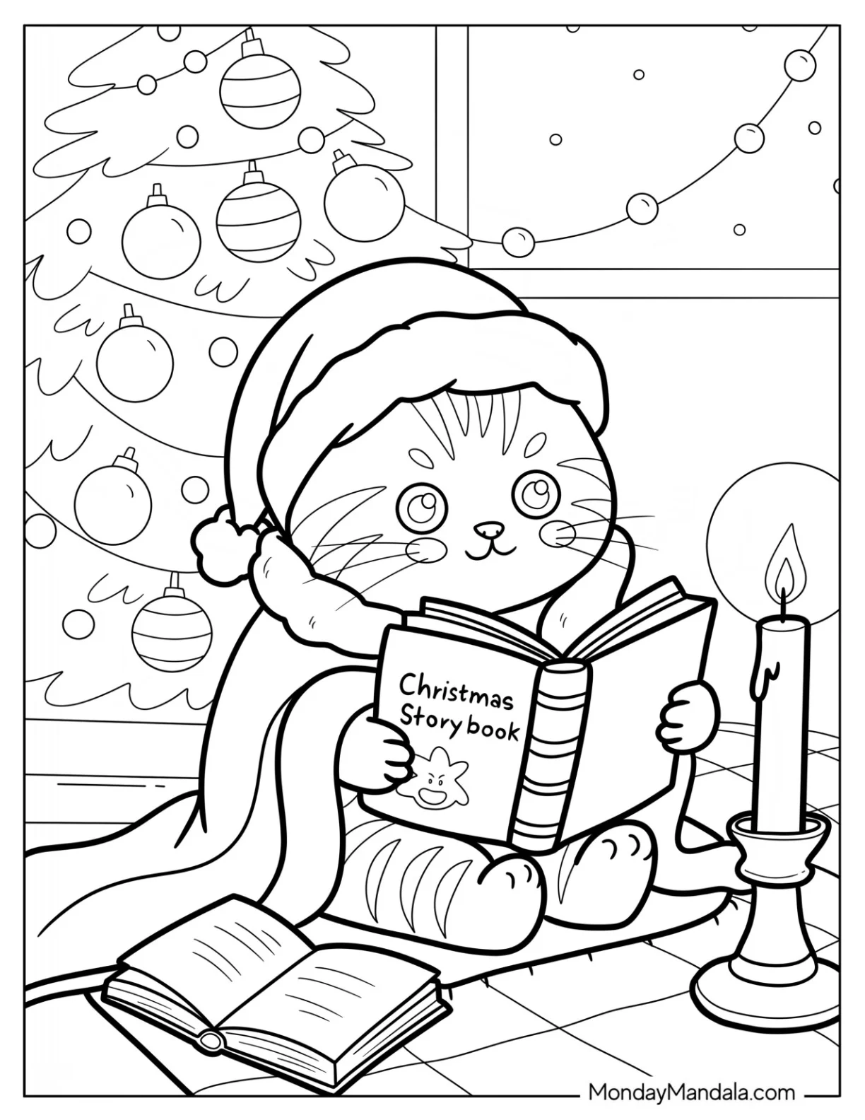 Christmas Cat Coloring Page Reading a Storybook by Candlelight for Kids coloring page