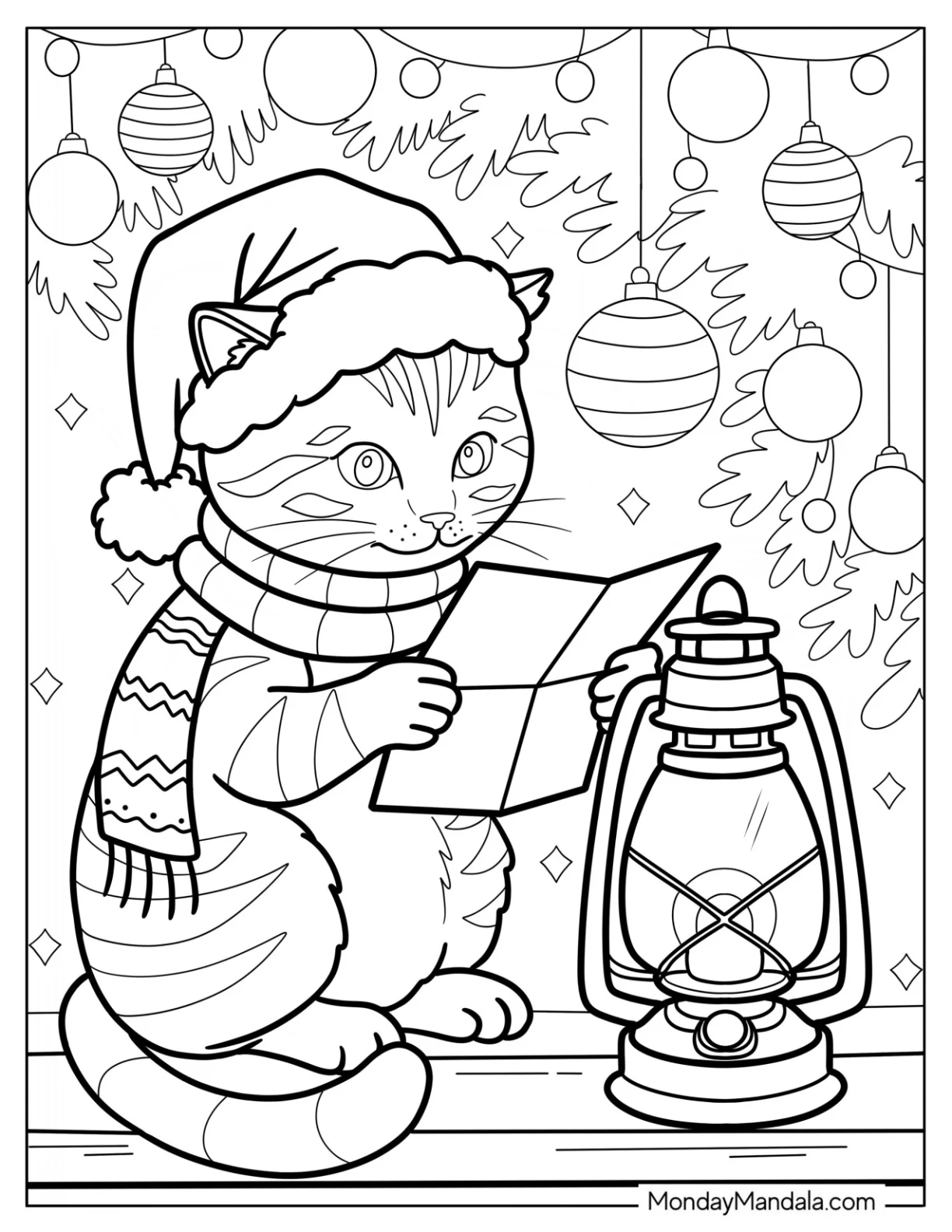 Christmas Cat Coloring Page Reading by Lantern Light coloring page