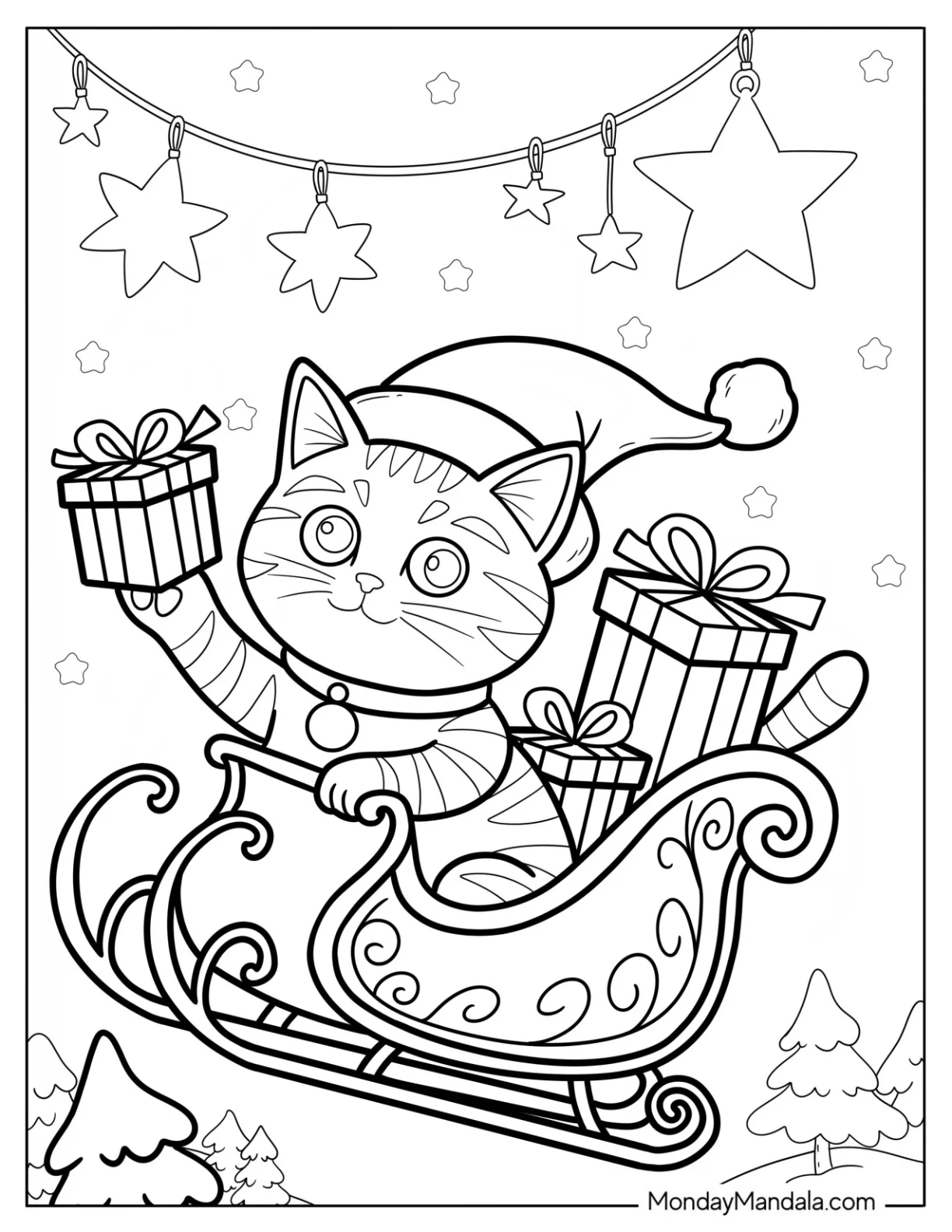Christmas Cat Coloring Page Riding a Sleigh with Presents Under Twinkling Stars coloring page