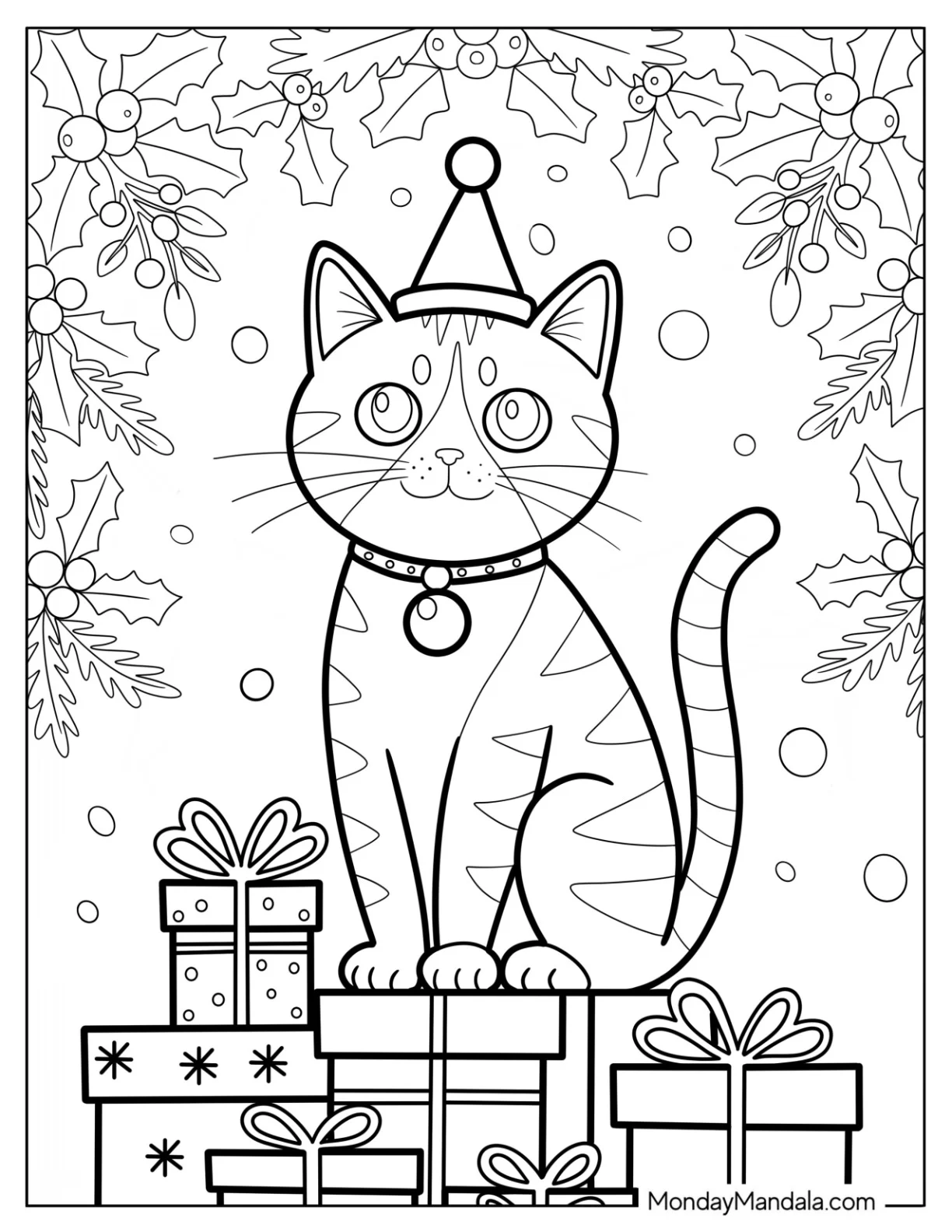 Christmas Cat Coloring Page Sitting on Presents with Holly Garland coloring page