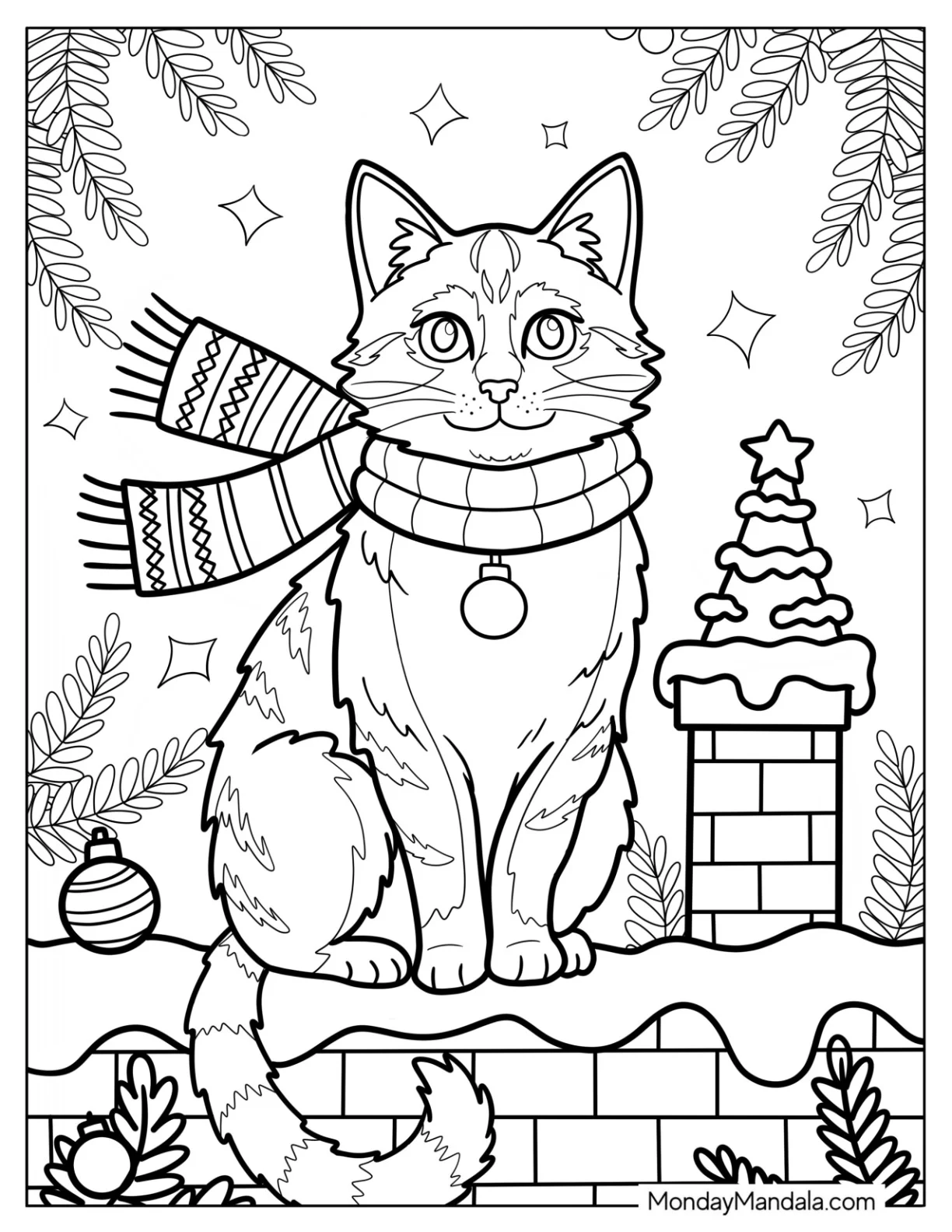 Christmas Cat Coloring Page Sitting on Snowy Rooftop with Scarf and Chimney coloring page