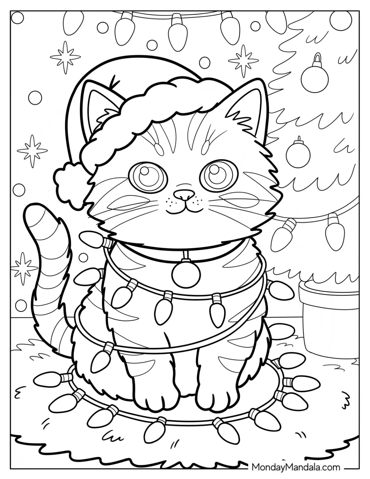 Christmas Cat Coloring Page Tangled in Holiday Lights coloring page