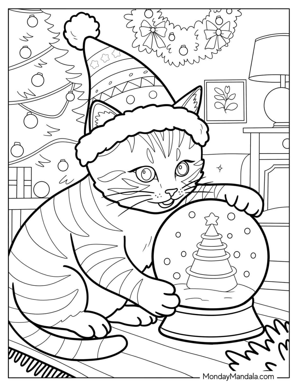 Curious Christmas Cat Coloring Page Gazing Into a Snow Globe coloring page