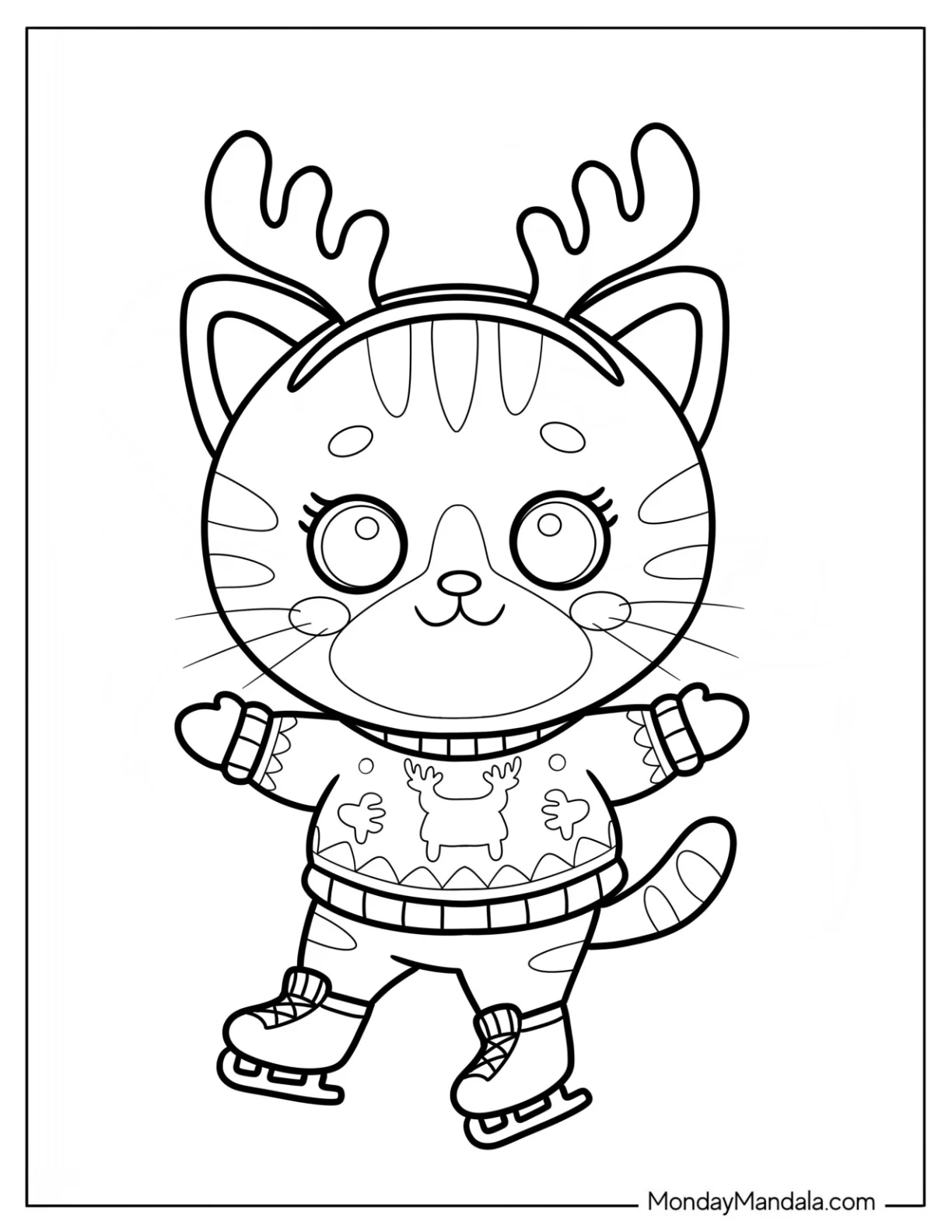 Ice Skating Christmas Cat Coloring Page in Reindeer Sweater coloring page