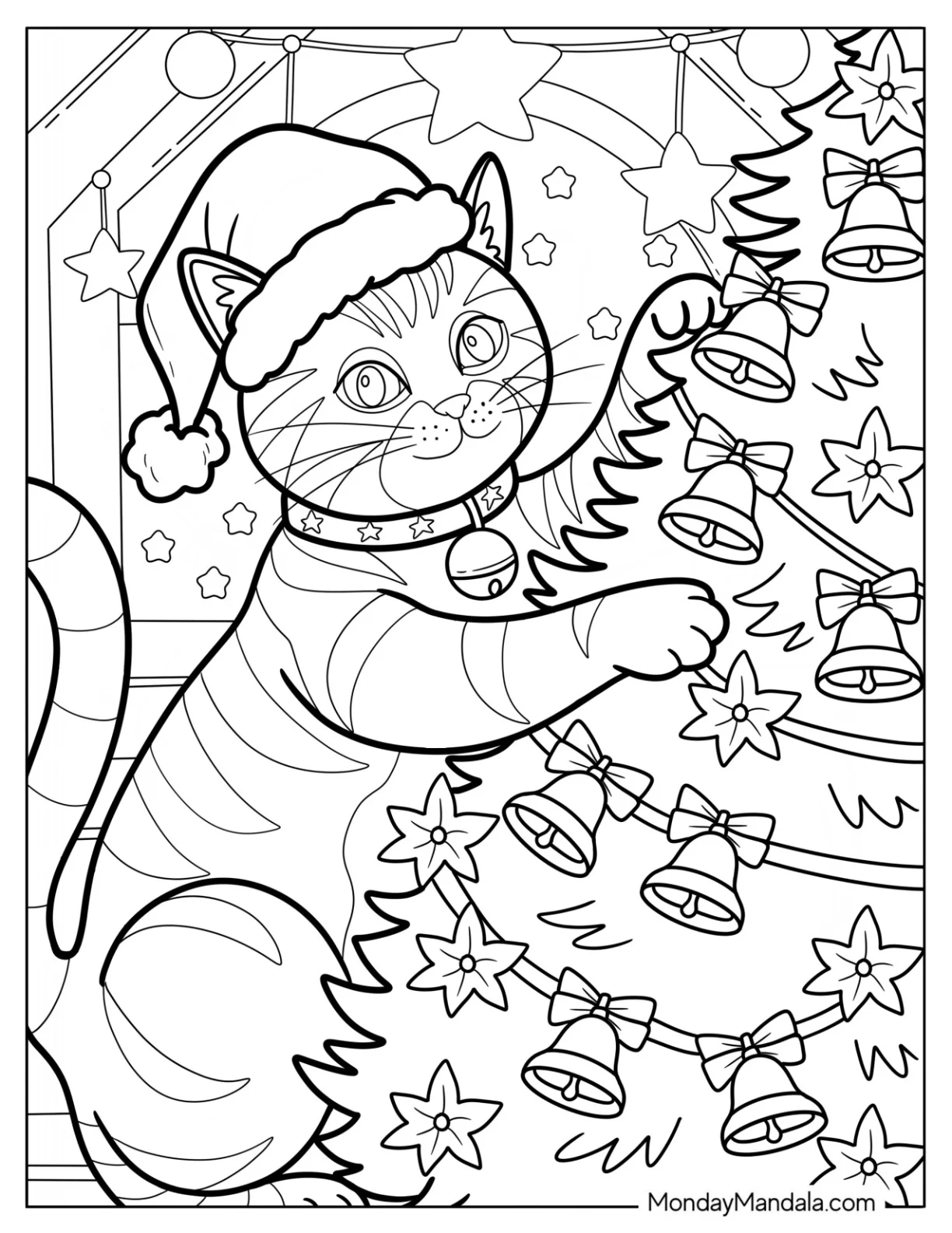 Mischievous Christmas Cat Coloring Page Climbing the Tree with Bells coloring page