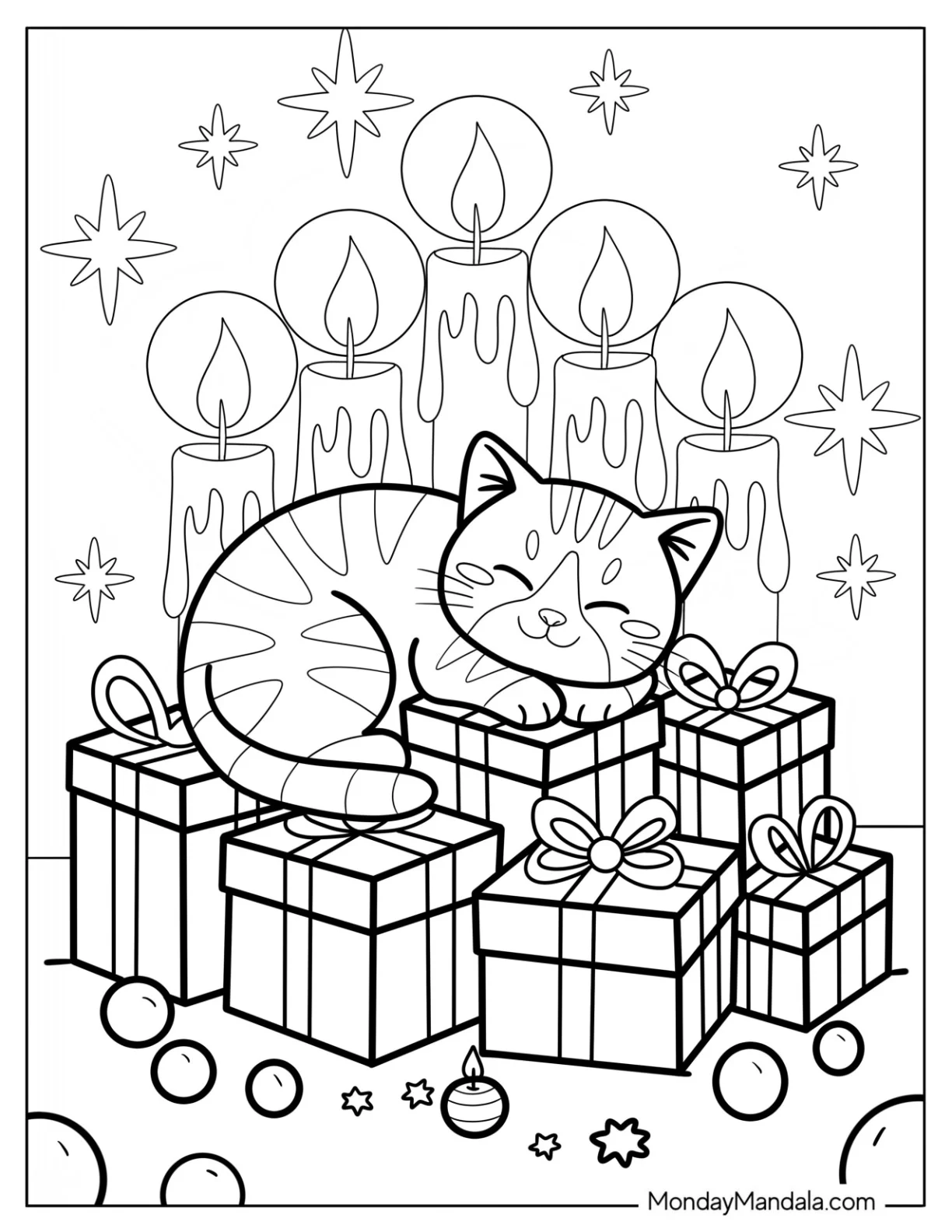 Sleeping Christmas Cat Coloring Page on Wrapped Gifts with Candlelight coloring page