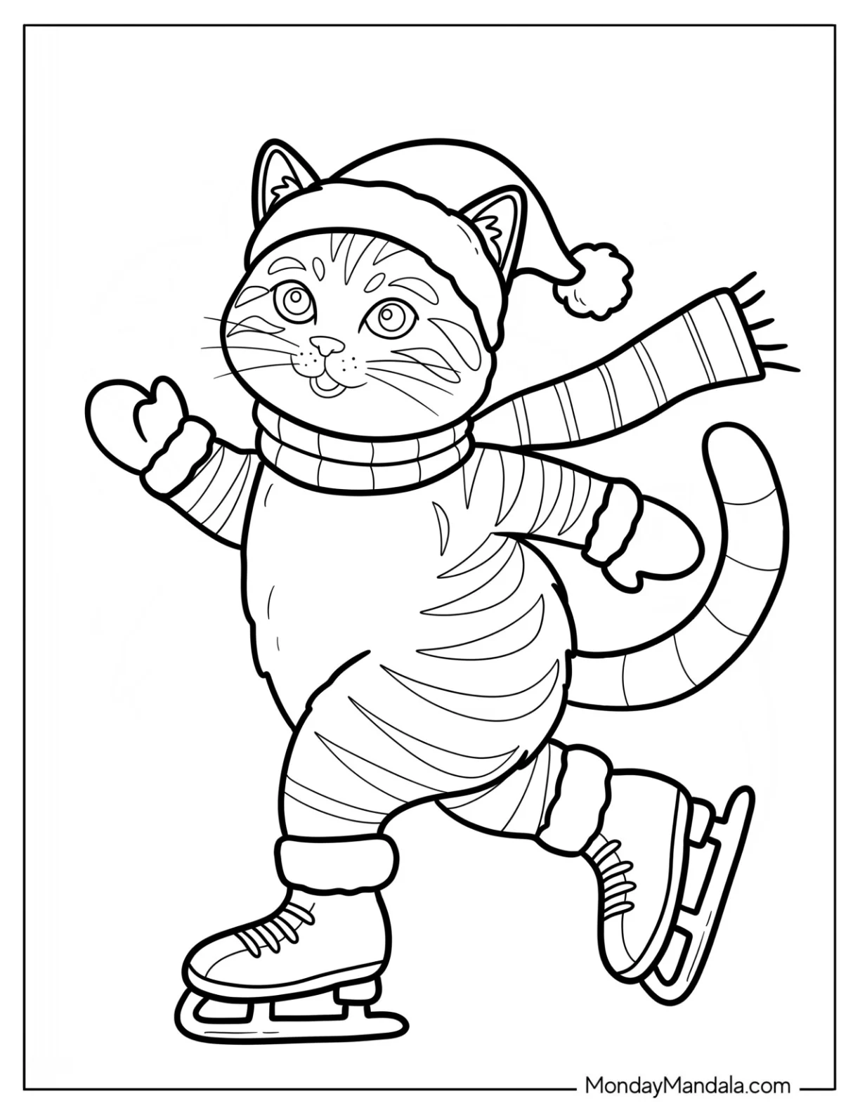 Striped Christmas Cat Coloring Page on Ice Skates coloring page