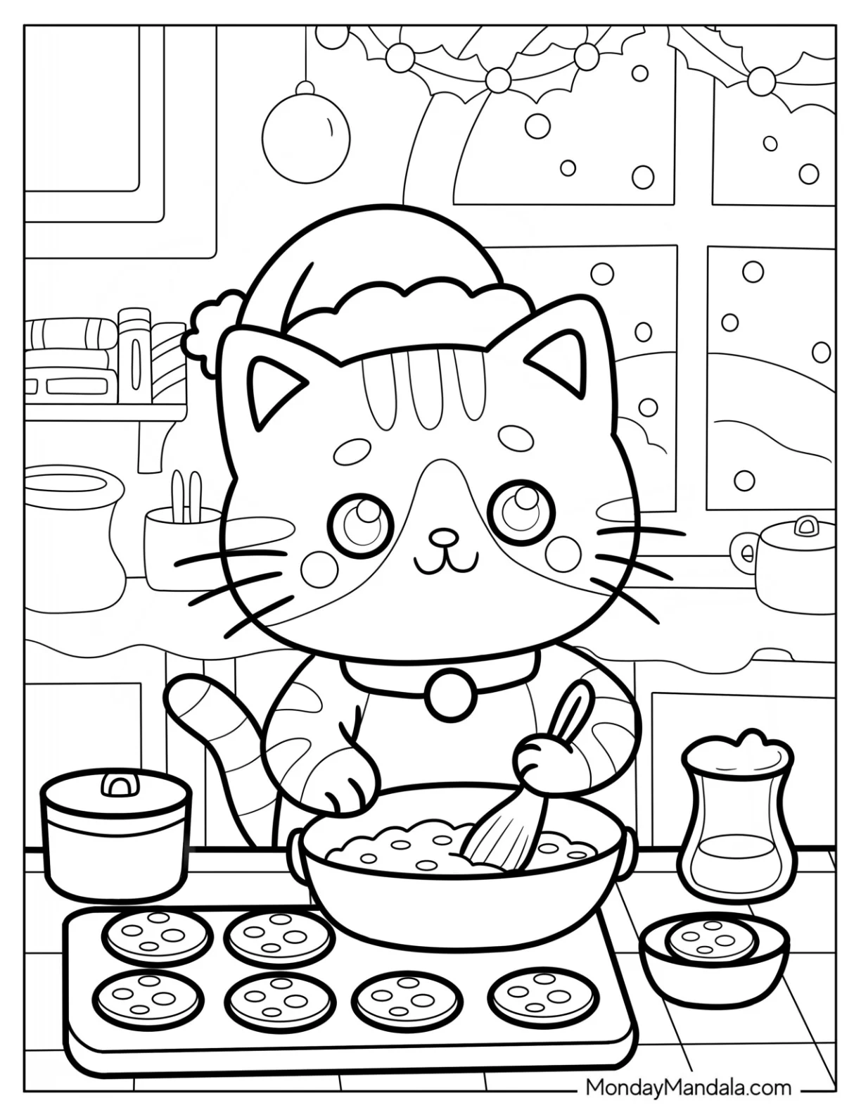 Sweet Christmas Cat Coloring Page Mixing Cookie Dough for Preschoolers coloring page