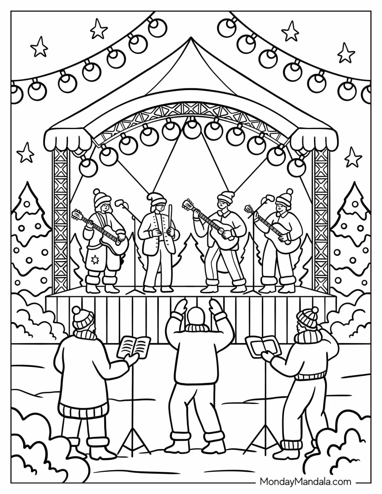 Band Performing on Outdoor Stage with Christmas Lights Coloring Page coloring page
