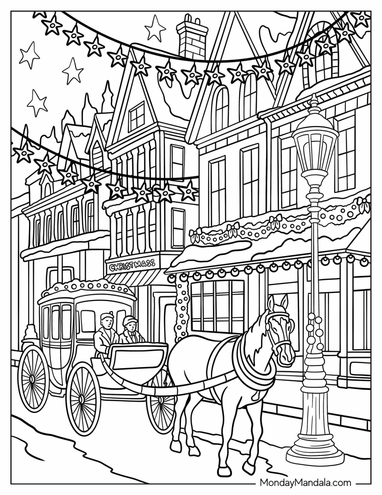 Carriage Riding Through Streets with Hanging Christmas Lights Coloring Page in Winter coloring page